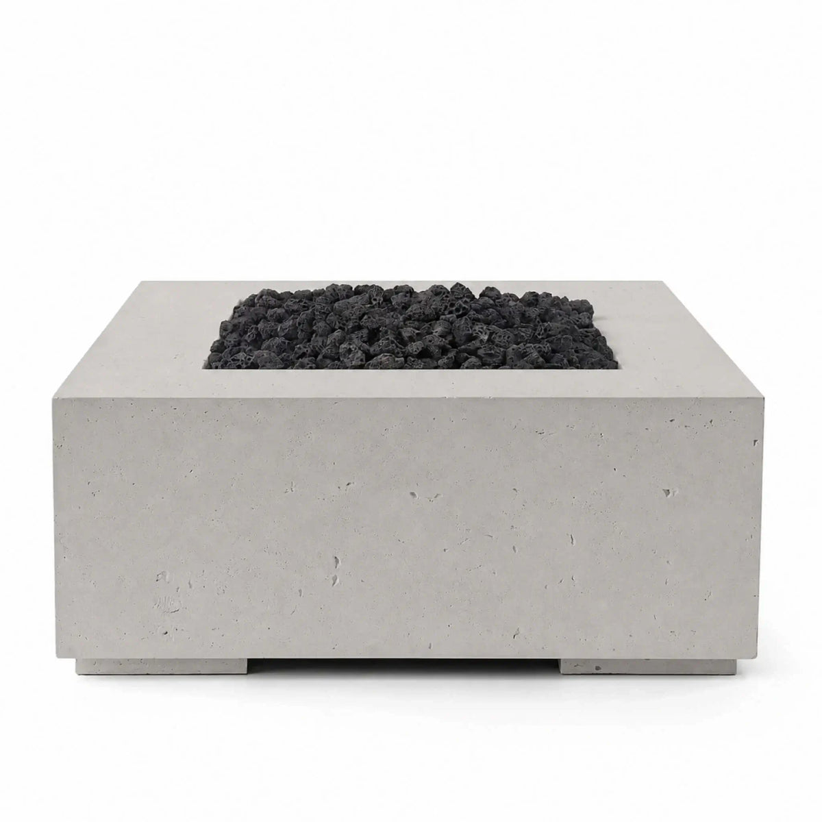 HPC Fire Hearth Products Controls Dekko GFRC Concrete Alea 40 x 40 Fire Pit in Sandstone finish with Lava Rock media. Displayed against a neutral background, the square GFRC concrete fire pit features a recessed burner tray filled with black lava rock, showcasing the contrast between the warm Sandstone finish and dark fire media for a bold contemporary outdoor design.