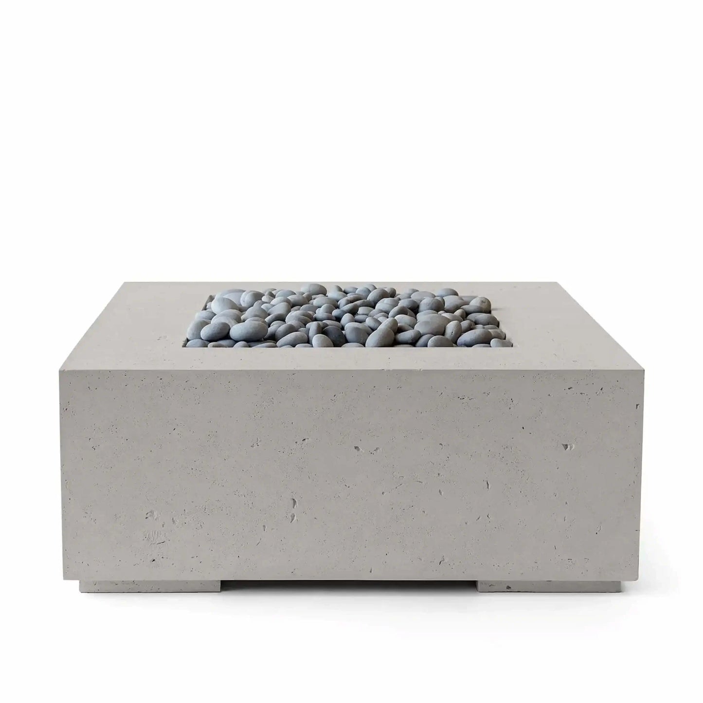 HPC Fire Hearth Products Controls Dekko GFRC Concrete Alea 40 x 40 Fire Pit in Sandstone finish with Slate Stone media. This front-facing product image showcases the durable GFRC concrete fire pit with a warm Sandstone finish and a recessed burner area filled with smooth gray slate stones, highlighting the clean architectural styling and premium craftsmanship ideal for modern outdoor living spaces.