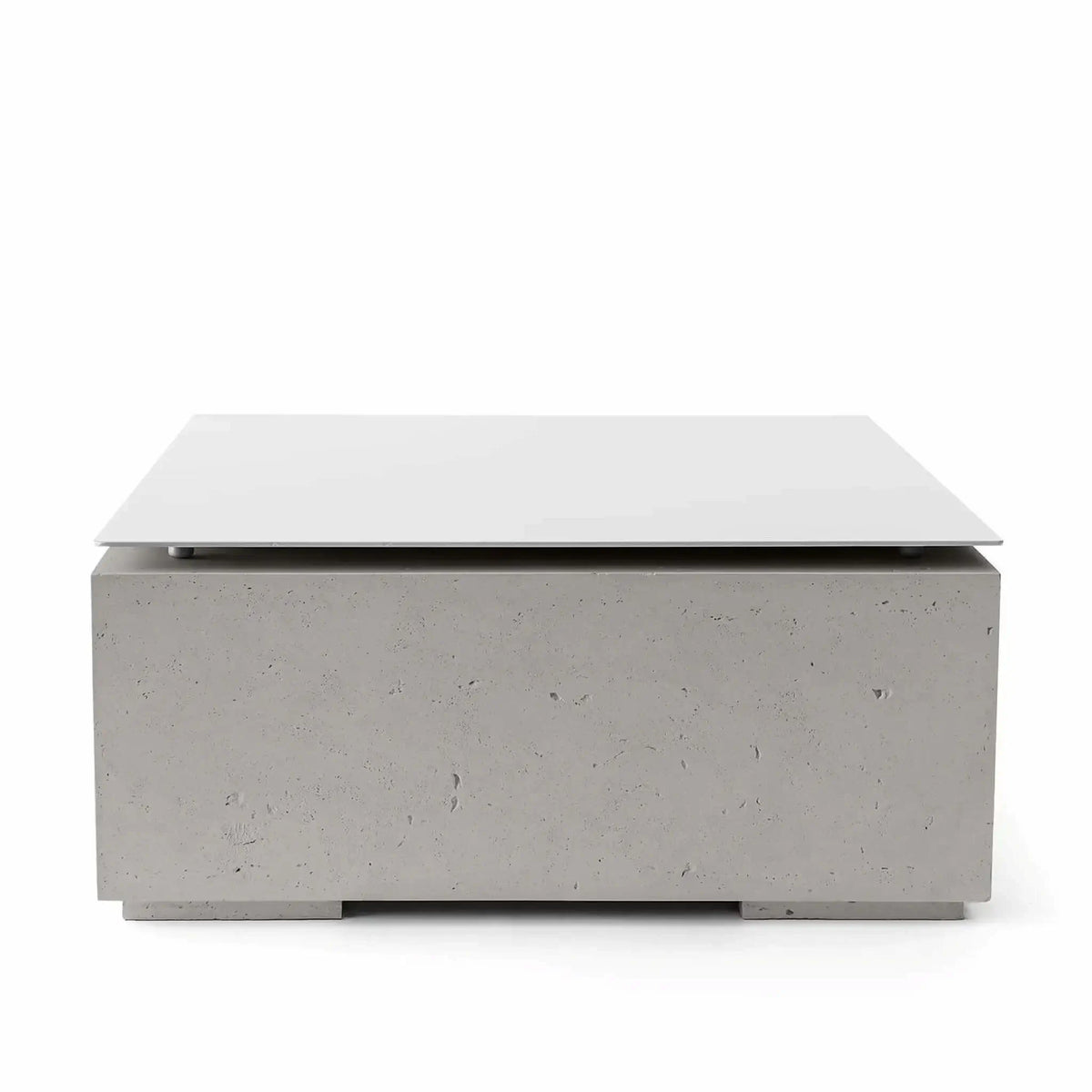 HPC Fire Hearth Products Controls Dekko GFRC Concrete Alea 40 x 40 Fire Pit Sandstone Table Top Lid featured on a white background. The square tabletop cover sits above a sandstone-colored GFRC concrete fire pit base with a warm beige finish and textured concrete surface. The modern design allows the fire pit to serve as both a decorative outdoor centerpiece and a practical tabletop.