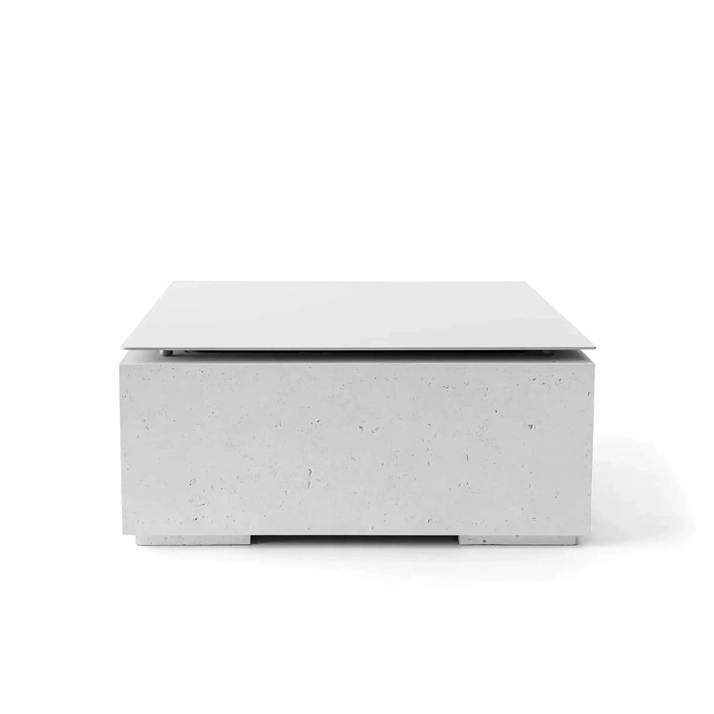 HPC Fire Hearth Products Controls Dekko GFRC Concrete Alea Bravo 32 x 32 Fire Pit Ash Table Top Lid shown in a studio product image. The square metal lid rests on a low-profile GFRC concrete fire pit base finished in a light ash gray color with subtle texture and natural concrete detailing. Designed to cover the fire pit burner area, this durable tabletop lid creates a clean, modern outdoor table surface when the fire feature is not in use.