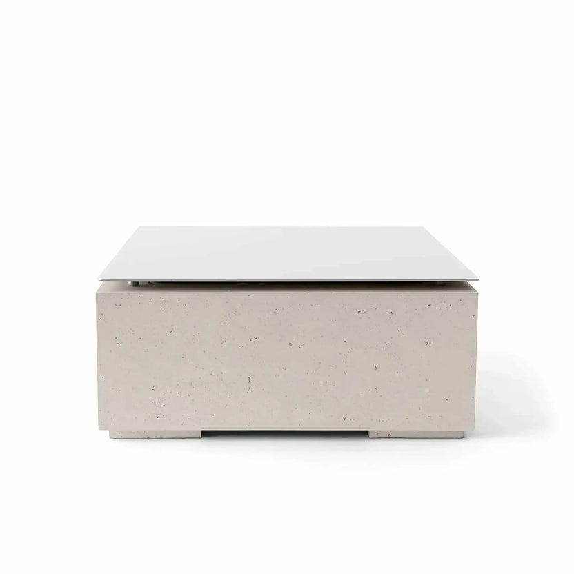 HPC Fire Hearth Products Controls Dekko GFRC Concrete Alea Bravo 32 x 32 Fire Pit Clay Table Top Lid shown in a clean product rendering. The square metal cover is positioned over a clay-colored GFRC concrete fire pit enclosure with soft beige undertones and a lightly textured finish. Designed for outdoor living spaces, the tabletop lid provides a sleek cover solution that transforms the fire pit into a usable patio table surface.