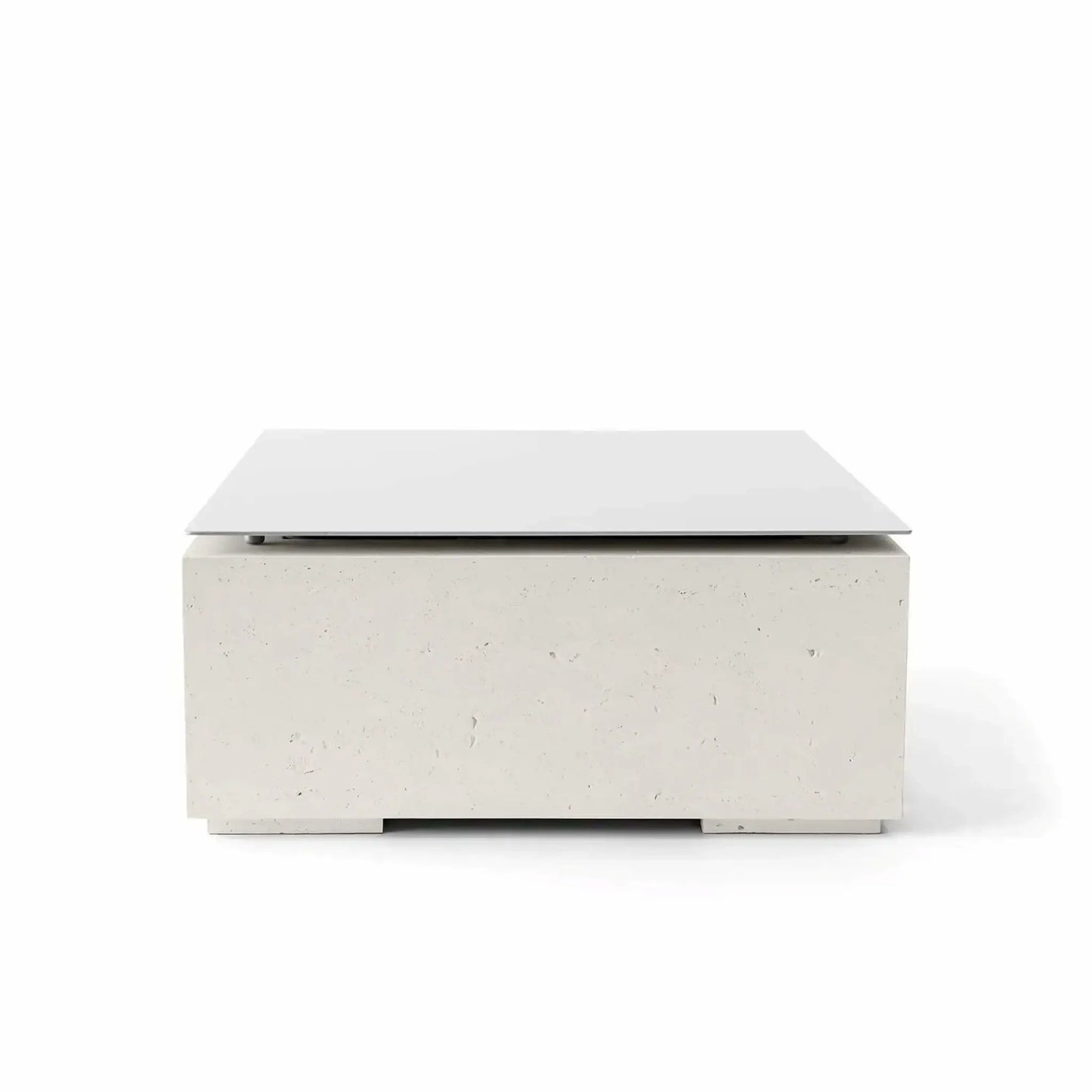 HPC Fire Hearth Products Controls Dekko GFRC Concrete Alea Bravo 32 x 32 Fire Pit Limestone Table Top Lid featured in a front-facing studio image. The square lid covers a limestone-colored GFRC concrete fire pit base with a smooth modern profile and realistic concrete texture. This premium outdoor fire pit cover enhances functionality by creating a flat tabletop surface while protecting the fire feature when not in operation.