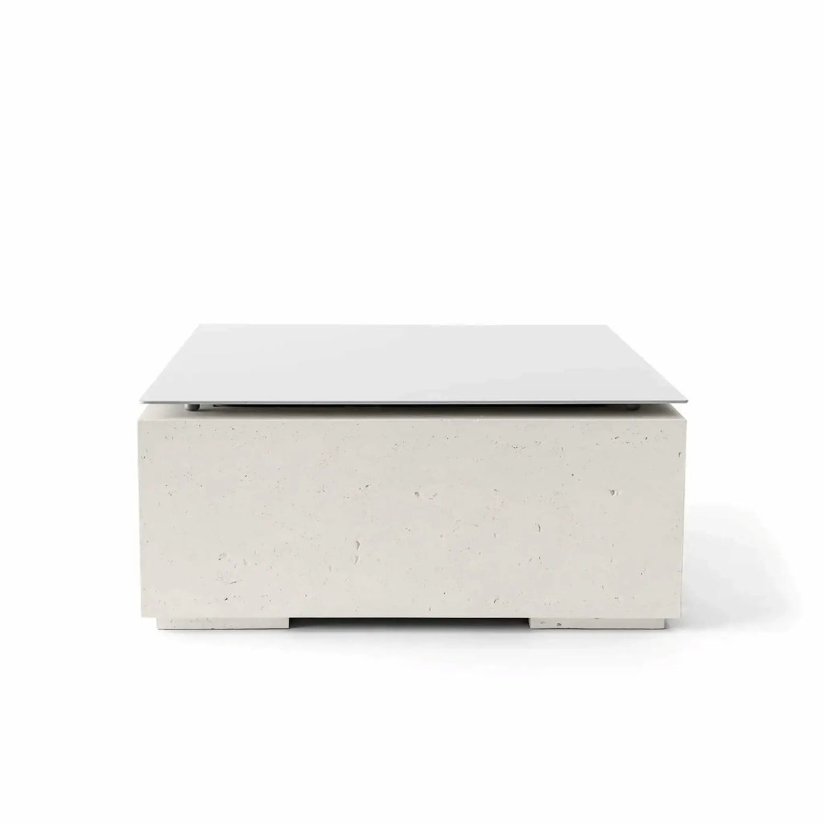 HPC Fire Hearth Products Controls Dekko GFRC Concrete Alea Bravo 32 x 32 Fire Pit Limestone Table Top Lid featured in a front-facing studio image. The square lid covers a limestone-colored GFRC concrete fire pit base with a smooth modern profile and realistic concrete texture. This premium outdoor fire pit cover enhances functionality by creating a flat tabletop surface while protecting the fire feature when not in operation.