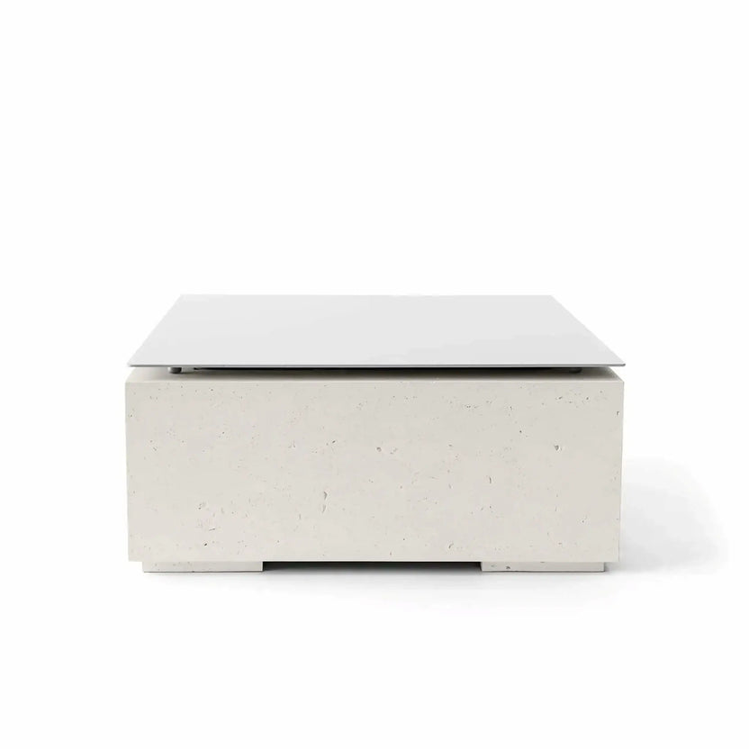 HPC Fire Hearth Products Controls Dekko GFRC Concrete Alea Bravo 32 x 32 Fire Pit Limestone Table Top Lid featured in a front-facing studio image. The square lid covers a limestone-colored GFRC concrete fire pit base with a smooth modern profile and realistic concrete texture. This premium outdoor fire pit cover enhances functionality by creating a flat tabletop surface while protecting the fire feature when not in operation.
