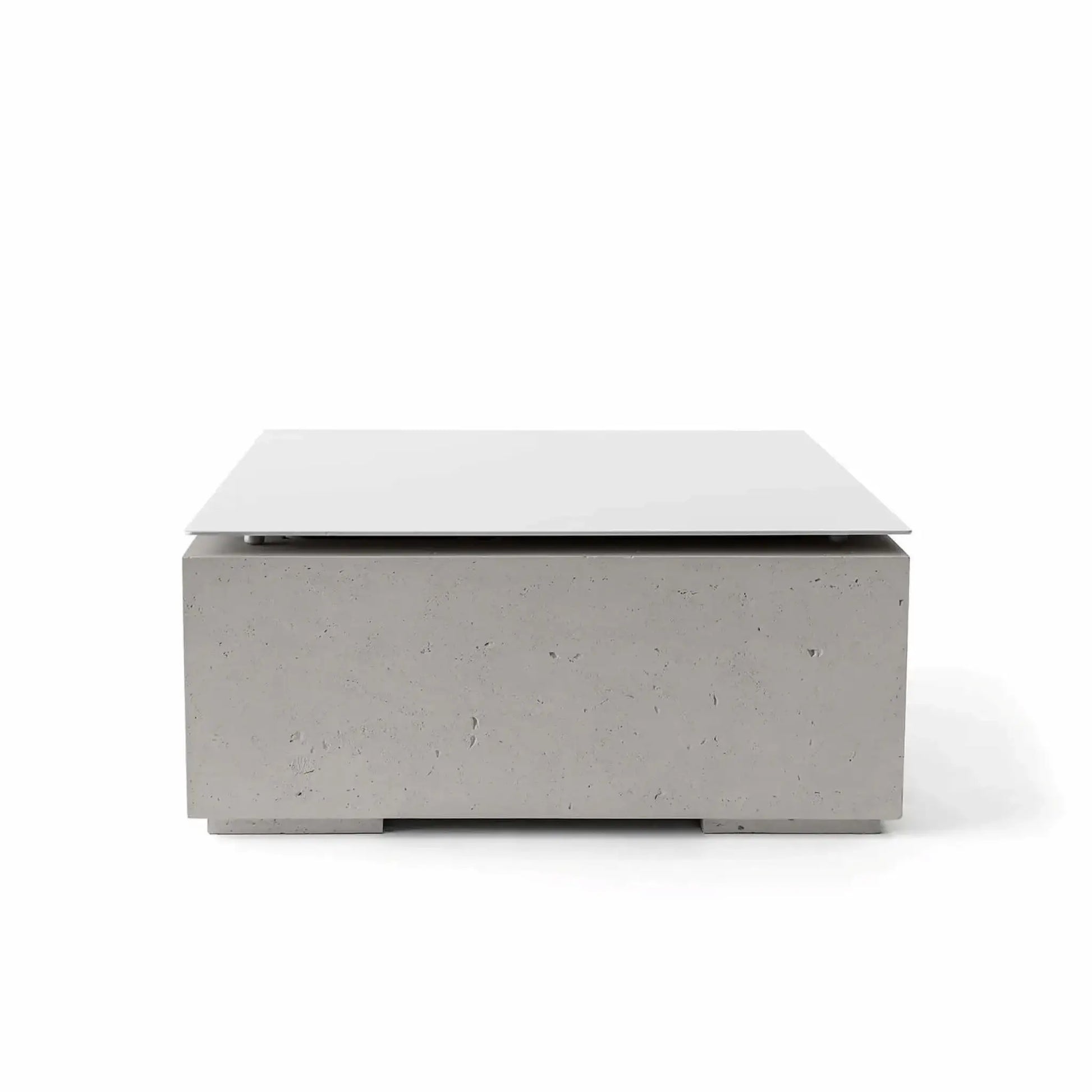 HPC Fire Hearth Products Controls Dekko GFRC Concrete Alea Bravo 32 x 32 Fire Pit Sandstone Table Top Lid shown in a professional product image. The square protective cover rests on a sandstone-colored GFRC concrete fire pit base featuring warm neutral tones and subtle concrete texture. Designed for outdoor entertaining areas, the lid conceals the burner opening and transforms the fire pit into an elegant tabletop surface.