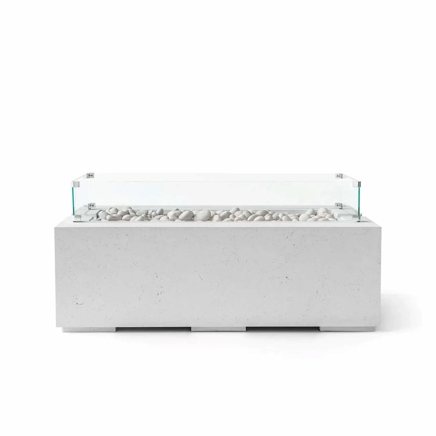 HPC Fire & Hearth Products Dekko GFRC Concrete Avera 48 x 26 Fire Pit in Ash finish featuring an integrated tempered glass wind guard and decorative ivory stone media. This rectangular outdoor fire pit table showcases a textured GFRC concrete base, linear burner opening, and clear glass barrier designed to help shield flames from wind while enhancing the modern architectural appearance of patios, pool decks, and outdoor entertaining spaces.