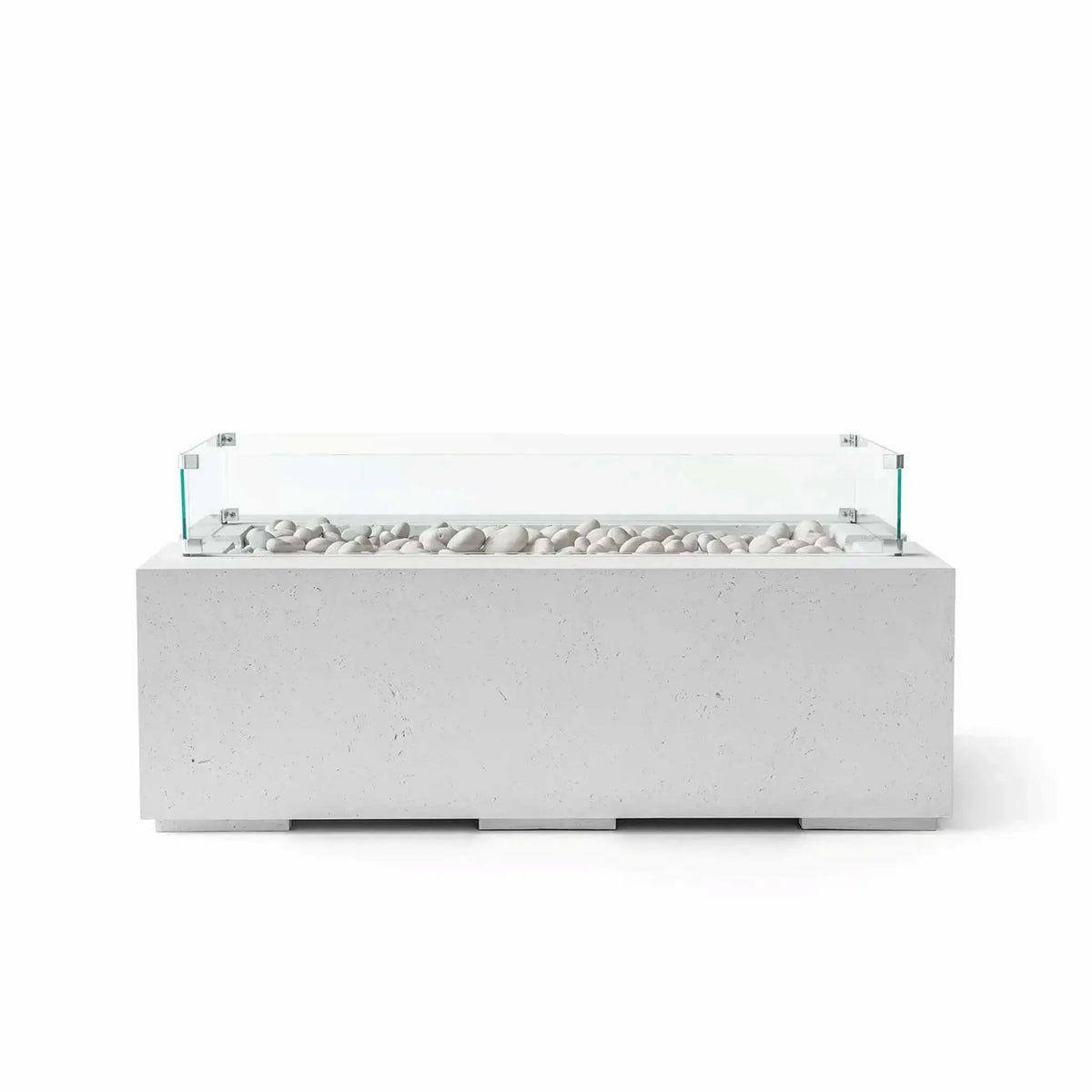 HPC Fire & Hearth Products Dekko GFRC Concrete Avera 48 x 26 Fire Pit in Ash finish featuring an integrated tempered glass wind guard and decorative ivory stone media. This rectangular outdoor fire pit table showcases a textured GFRC concrete base, linear burner opening, and clear glass barrier designed to help shield flames from wind while enhancing the modern architectural appearance of patios, pool decks, and outdoor entertaining spaces.