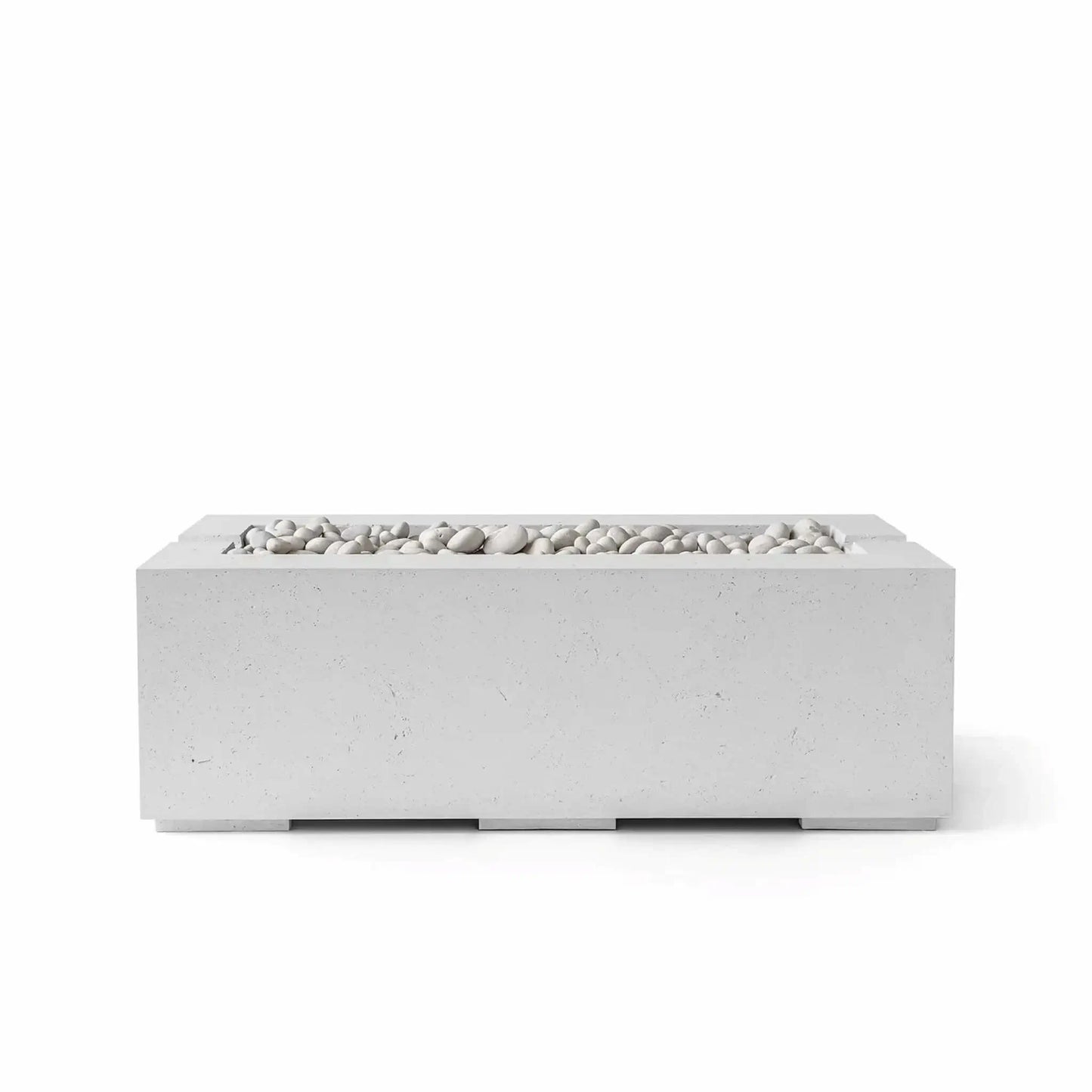 HPC Fire & Hearth Products Controls Dekko GFRC Concrete Avera 48 x 26 Fire Pit in Ash finish featuring smooth Ivory Stone media. This rectangular linear outdoor fire pit showcases a modern GFRC concrete construction with clean architectural lines, a recessed burner channel, and decorative white stones. Displayed on a white background, the Avera fire pit is designed for contemporary patios, outdoor seating areas, and luxury backyard living spaces.