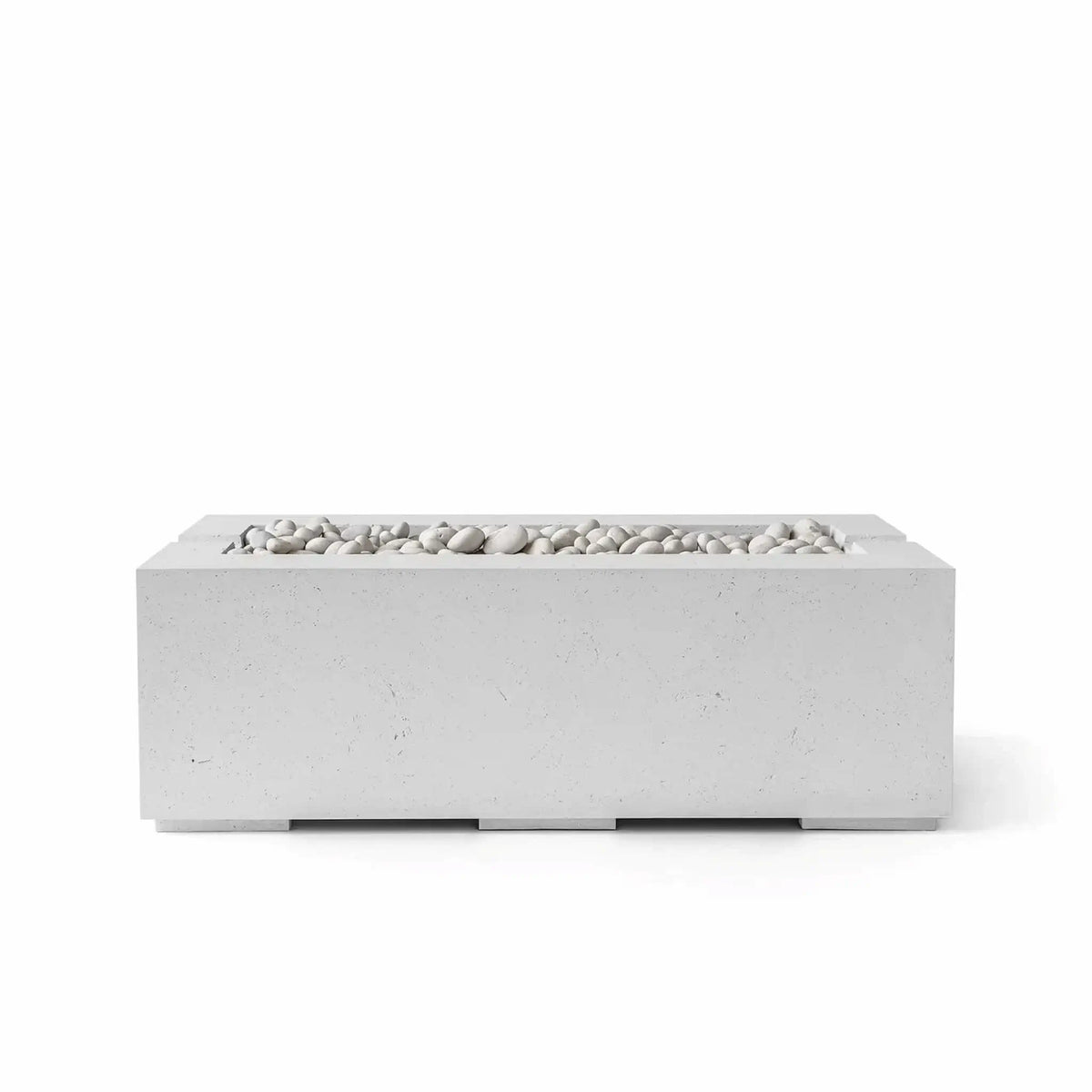 HPC Fire & Hearth Products Controls Dekko GFRC Concrete Avera 48 x 26 Fire Pit in Ash finish featuring smooth Ivory Stone media. This rectangular linear outdoor fire pit showcases a modern GFRC concrete construction with clean architectural lines, a recessed burner channel, and decorative white stones. Displayed on a white background, the Avera fire pit is designed for contemporary patios, outdoor seating areas, and luxury backyard living spaces.