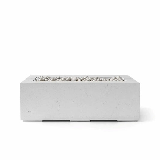 HPC Fire & Hearth Products Controls Dekko GFRC Concrete Avera 48 x 26 Fire Pit in Ash finish featuring smooth Ivory Stone media. This rectangular linear outdoor fire pit showcases a modern GFRC concrete construction with clean architectural lines, a recessed burner channel, and decorative white stones. Displayed on a white background, the Avera fire pit is designed for contemporary patios, outdoor seating areas, and luxury backyard living spaces.