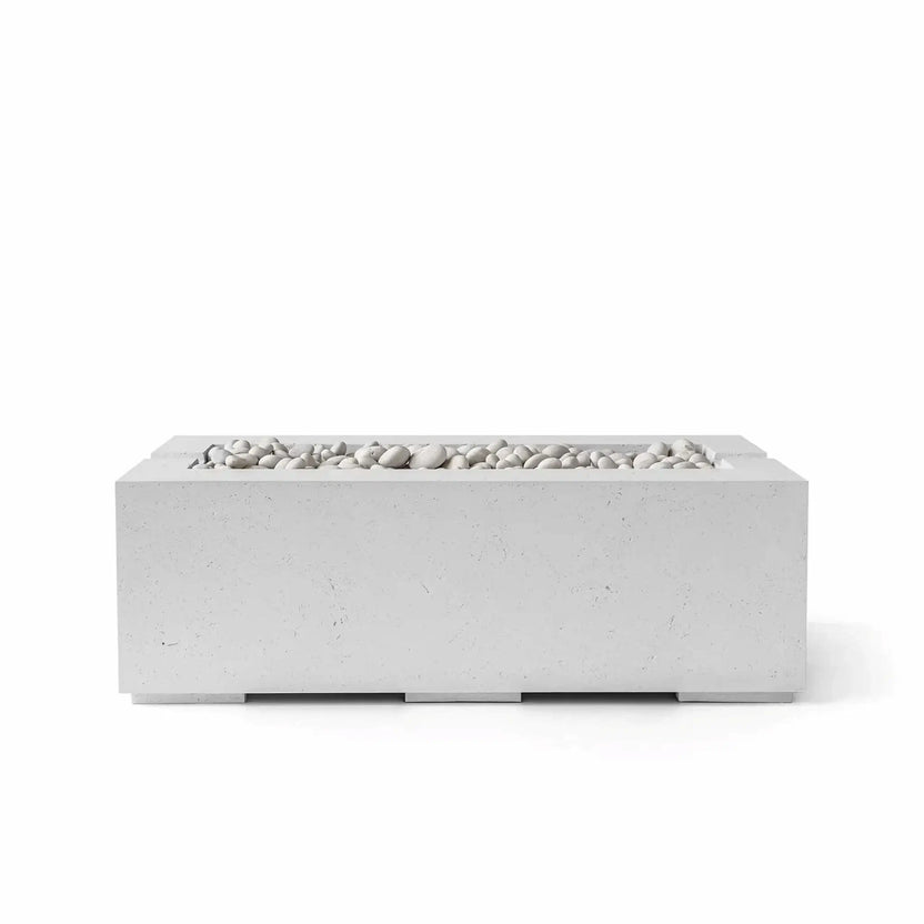 HPC Fire & Hearth Products Controls Dekko GFRC Concrete Avera 48 x 26 Fire Pit in Ash finish featuring smooth Ivory Stone media. This rectangular linear outdoor fire pit showcases a modern GFRC concrete construction with clean architectural lines, a recessed burner channel, and decorative white stones. Displayed on a white background, the Avera fire pit is designed for contemporary patios, outdoor seating areas, and luxury backyard living spaces.
