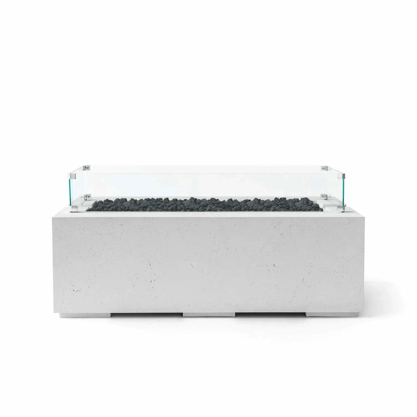 HPC Fire & Hearth Products Dekko GFRC Concrete Avera 48 x 26 Fire Pit Ash Lava Rock Tempered Glass Wind Guard model shown with black lava rock fire media and a clear glass wind guard enclosure. The contemporary rectangular fire pit table features a durable ash-colored GFRC concrete body, clean linear burner design, and transparent wind protection that preserves visibility while helping maintain a consistent flame outdoors.