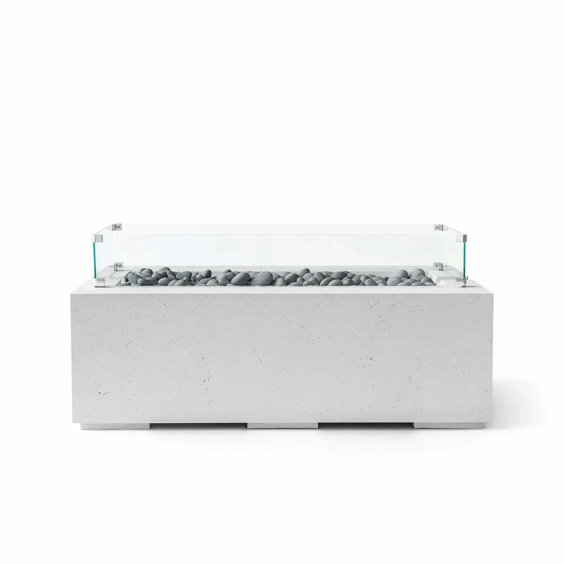 HPC Fire & Hearth Products Dekko GFRC Concrete Avera 48 x 26 Fire Pit Ash Slate Stone Tempered Glass Wind Guard featuring gray slate stone fire media within a linear burner channel. The ash-finished GFRC concrete fire pit table is paired with a transparent tempered glass wind guard that adds safety, improves flame stability, and complements the sleek modern styling of upscale outdoor living environments.