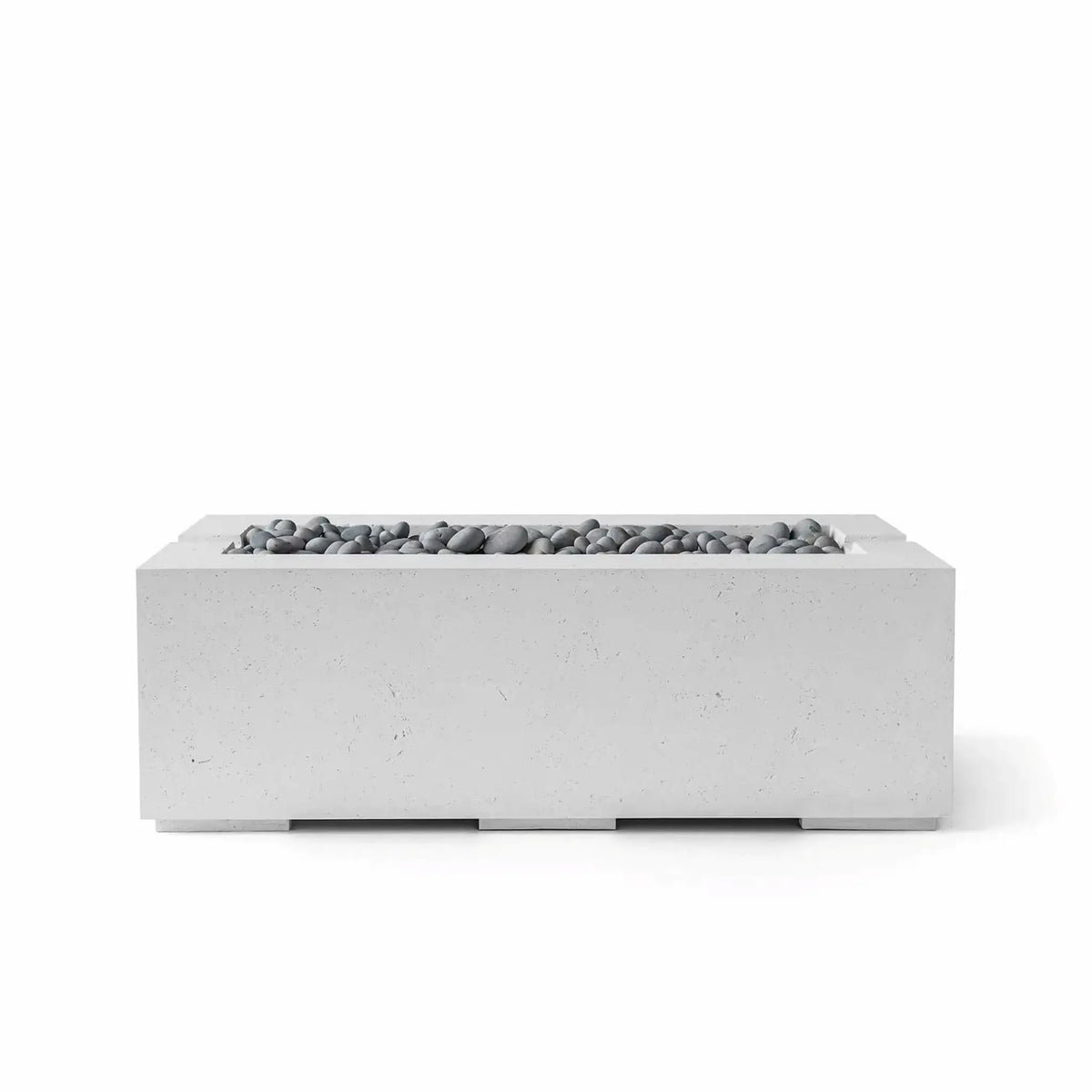 HPC Fire & Hearth Products Controls Dekko GFRC Concrete Avera 48 x 26 Fire Pit in Ash finish with Slate Stone fire media. This sleek rectangular outdoor fire feature combines durable GFRC concrete construction with a recessed linear burner tray filled with smooth gray slate stones. The minimalist design and neutral color palette make the Avera fire pit a stylish centerpiece for modern patios, decks, and outdoor gathering spaces.
