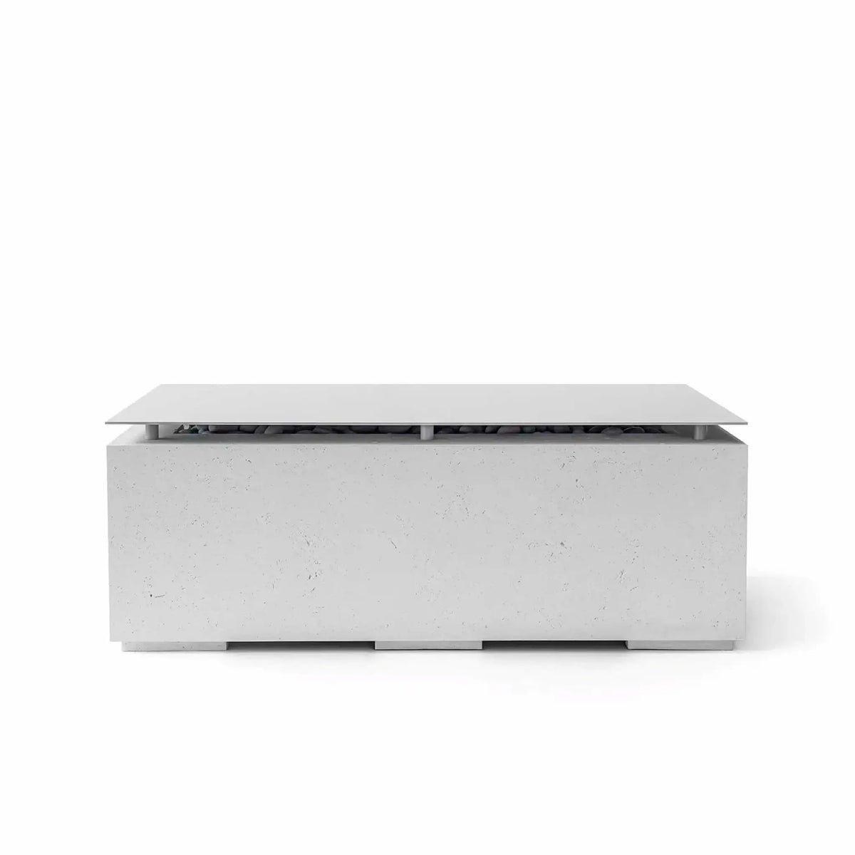 HPC Fire & Hearth Products Dekko GFRC Concrete Avera 48 x 26 Fire Pit Ash Table Top Lid shown in a light ash finish. This rectangular fire pit cover features a smooth powder-coated metal lid supported by low-profile spacers above a modern GFRC concrete base. Designed to conceal and protect the burner area when not in use, the ash-colored Avera fire pit table delivers a clean, contemporary outdoor living aesthetic with durable weather-resistant construction.