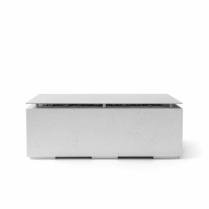 HPC Fire & Hearth Products Dekko GFRC Concrete Avera 48 x 26 Fire Pit Ash Table Top Lid shown in a light ash finish. This rectangular fire pit cover features a smooth powder-coated metal lid supported by low-profile spacers above a modern GFRC concrete base. Designed to conceal and protect the burner area when not in use, the ash-colored Avera fire pit table delivers a clean, contemporary outdoor living aesthetic with durable weather-resistant construction.