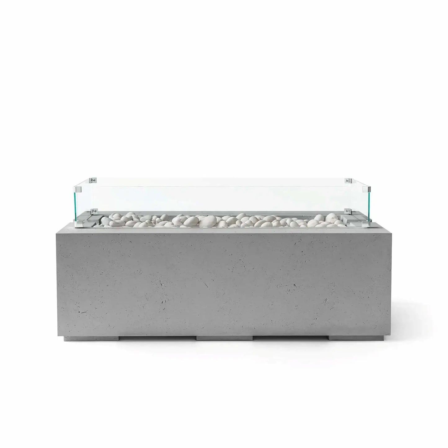 HPC Fire & Hearth Products Dekko GFRC Concrete Avera 48 x 26 Fire Pit Charcoal Ivory Stone Tempered Glass Wind Guard displayed with a rich charcoal concrete finish and smooth ivory fire stones. The rectangular fire table features a clear tempered glass wind guard surrounding the burner area, creating a sophisticated contrast while helping protect flames in exposed outdoor settings.