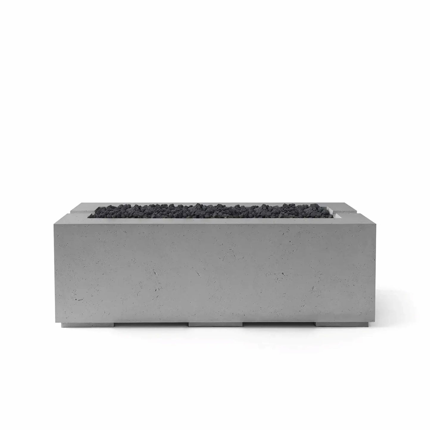 HPC Fire & Hearth Products Controls Dekko GFRC Concrete Avera 48 x 26 Fire Pit in Charcoal finish with black Lava Rock media. This modern rectangular fire pit features durable GFRC concrete construction, a recessed linear burner tray, and rugged volcanic lava rock for a contemporary outdoor design. The charcoal finish enhances the sleek architectural appearance, making it ideal for patios, poolside seating, and outdoor entertainment spaces.
