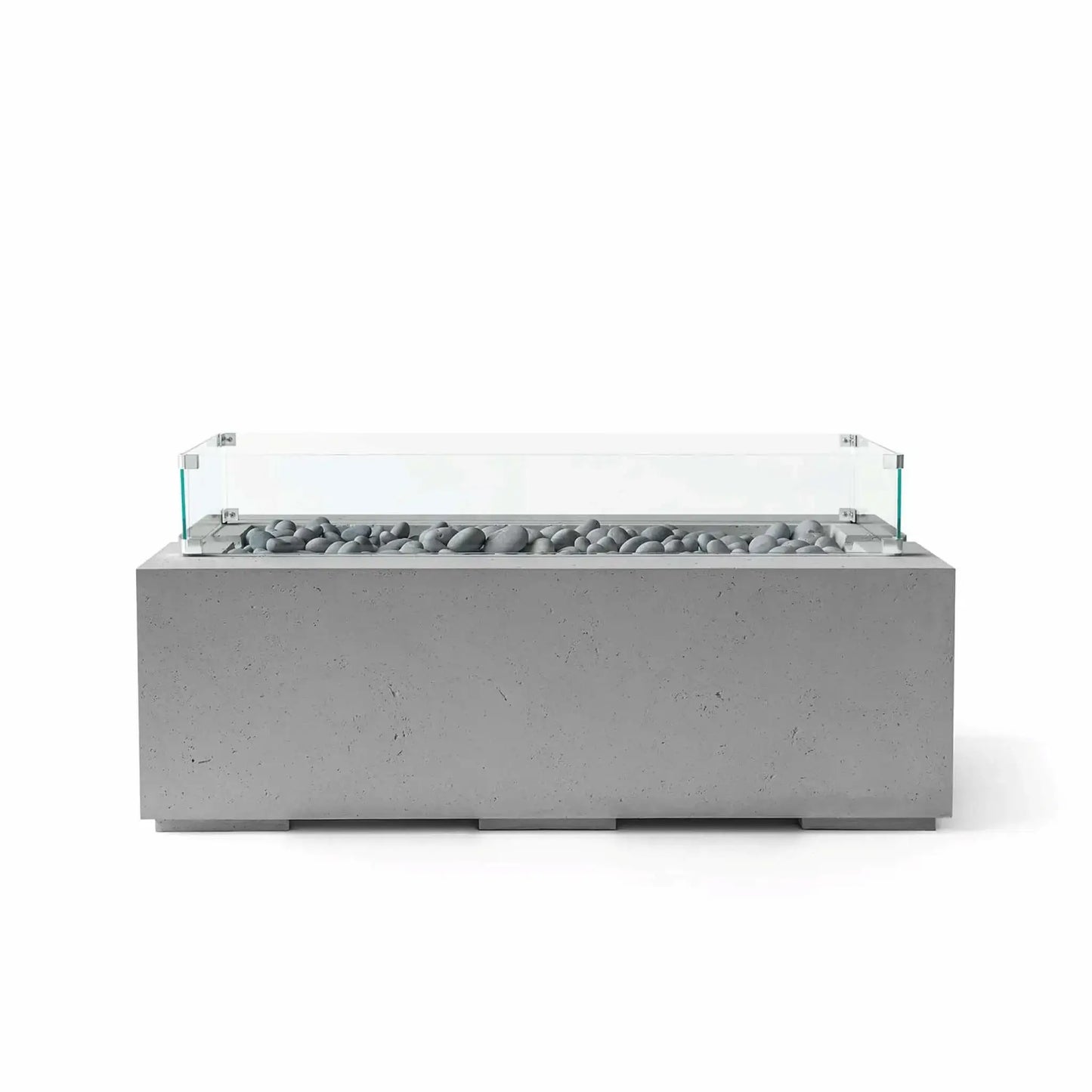 HPC Fire & Hearth Products Dekko GFRC Concrete Avera 48 x 26 Fire Pit Charcoal Slate Stone Tempered Glass Wind Guard shown with smooth gray slate stone media and a tempered glass flame barrier. The charcoal-colored GFRC concrete fire pit table combines durable construction, contemporary lines, and functional wind protection, making it ideal for modern outdoor seating and entertainment areas.