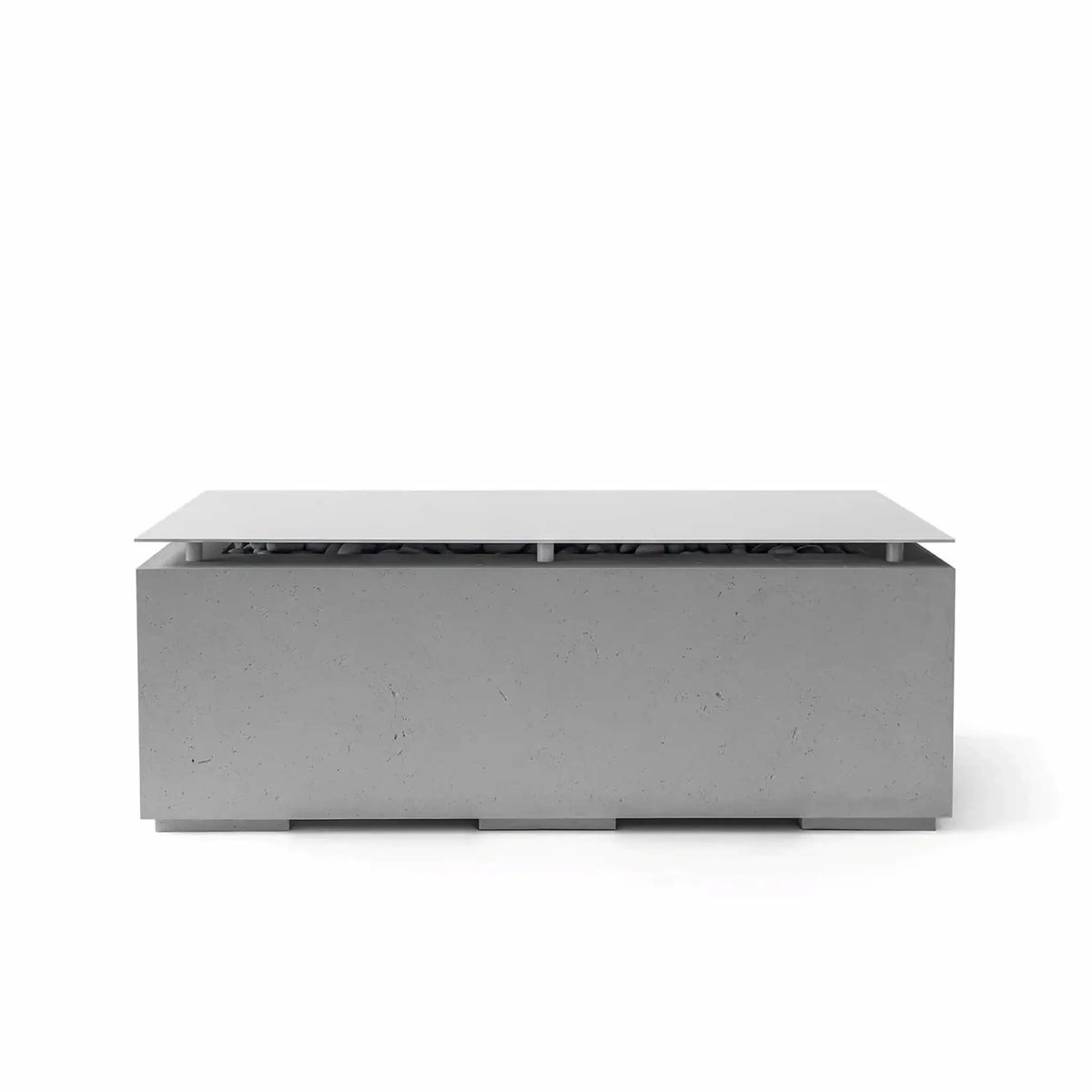 HPC Fire & Hearth Products Dekko GFRC Concrete Avera 48 x 26 Fire Pit Charcoal Table Top Lid featuring a dark charcoal concrete finish and rectangular metal cover. The modern fire pit table showcases a sleek architectural design with subtle concrete texture, low-profile feet, and a protective tabletop lid that covers the fire media and burner, creating a functional outdoor coffee table when the fire feature is not in operation.