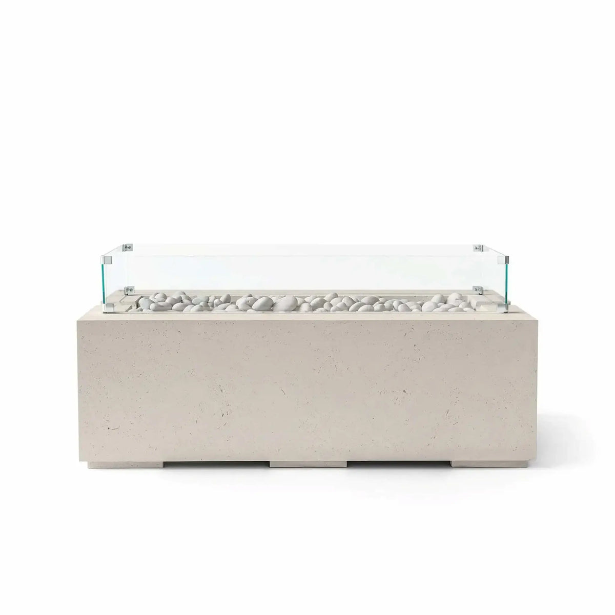 HPC Fire & Hearth Products Dekko GFRC Concrete Avera 48 x 26 Fire Pit Clay Ivory Stone Tempered Glass Wind Guard featuring a warm clay-toned concrete finish, decorative ivory fire stones, and a clear glass wind guard. The elongated rectangular design offers a clean, contemporary appearance while the wind guard helps shield the burner area and enhances outdoor fire pit performance.