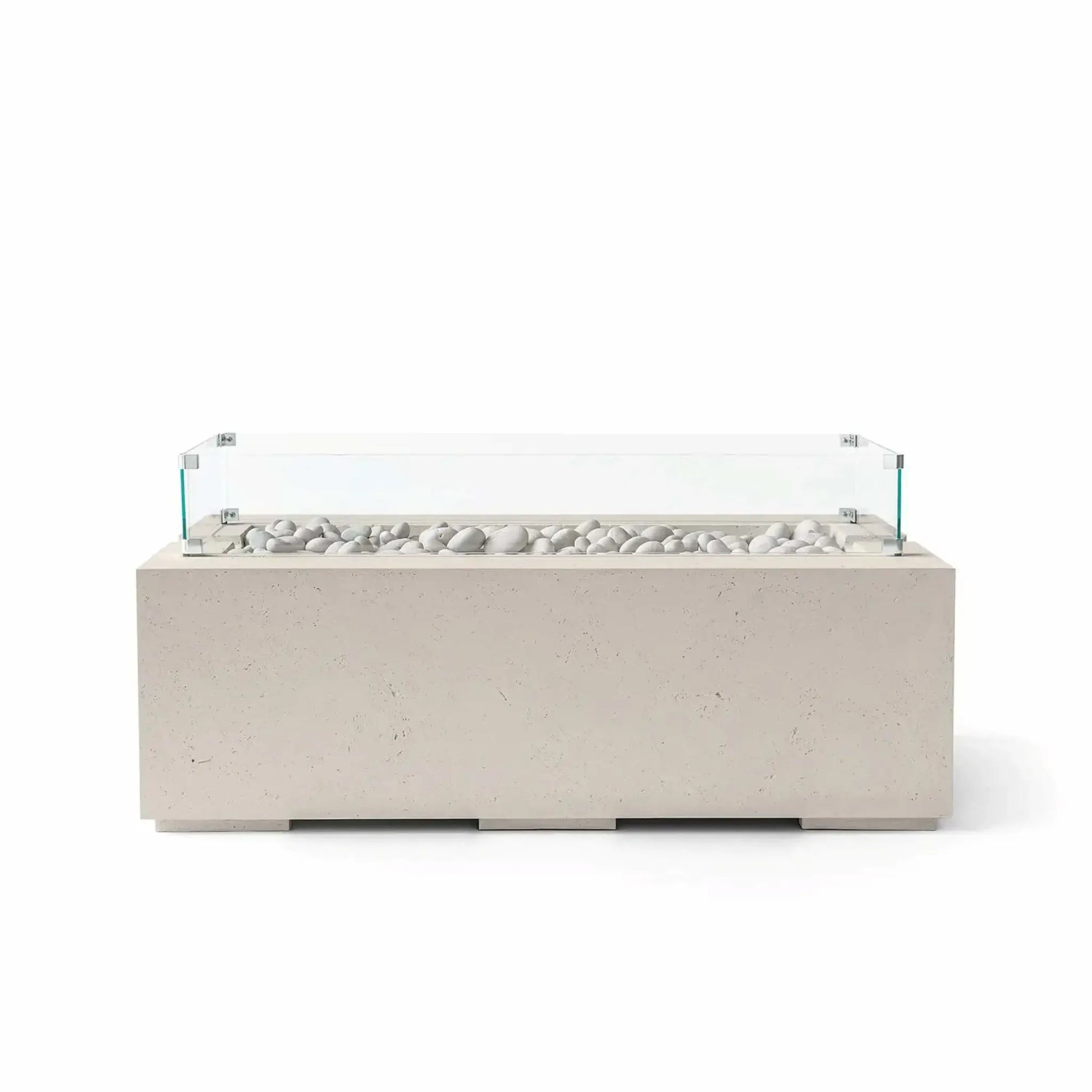HPC Fire & Hearth Products Dekko GFRC Concrete Avera 48 x 26 Fire Pit Clay Ivory Stone Tempered Glass Wind Guard featuring a warm clay-toned concrete finish, decorative ivory fire stones, and a clear glass wind guard. The elongated rectangular design offers a clean, contemporary appearance while the wind guard helps shield the burner area and enhances outdoor fire pit performance.