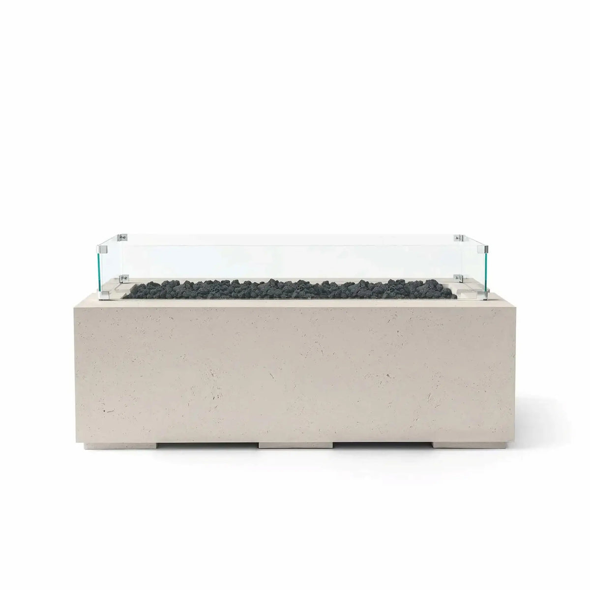HPC Fire & Hearth Products Dekko GFRC Concrete Avera 48 x 26 Fire Pit Clay Lava Rock Tempered Glass Wind Guard shown with black lava rock fire media and a protective tempered glass enclosure. The clay-finished GFRC concrete fire pit table features a sleek linear burner channel and modern low-profile silhouette, creating an attractive focal point for outdoor patios and backyard entertainment spaces.