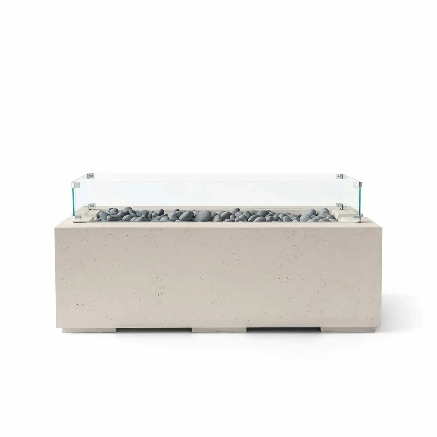 HPC Fire & Hearth Products Dekko GFRC Concrete Avera 48 x 26 Fire Pit Clay Slate Stone Tempered Glass Wind Guard featuring smooth gray slate stone media set within a rectangular burner tray. The warm clay-colored concrete body is complemented by a clear glass wind guard that adds protection and visibility while preserving the fire pit’s clean, modern outdoor design aesthetic.