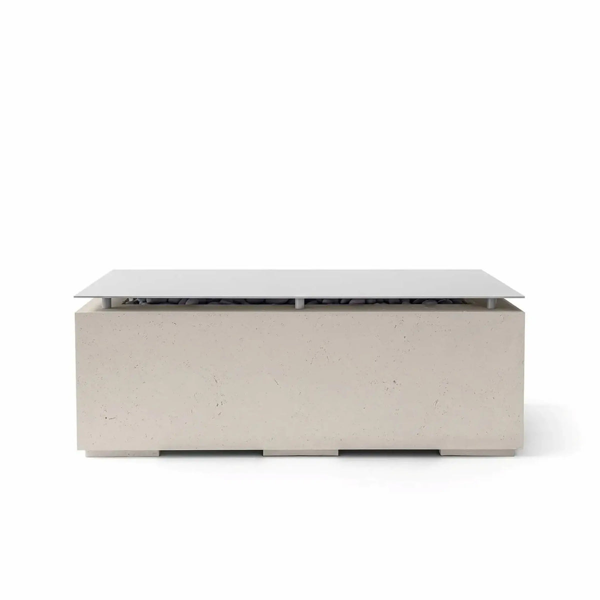 HPC Fire & Hearth Products Dekko GFRC Concrete Avera 48 x 26 Fire Pit Clay Table Top Lid displayed with a warm clay-colored GFRC concrete finish and flat metal burner cover. The rectangular outdoor fire pit table combines contemporary styling with durable construction, featuring a protective tabletop lid that transforms the fire feature into a usable surface while safeguarding the burner and decorative media.