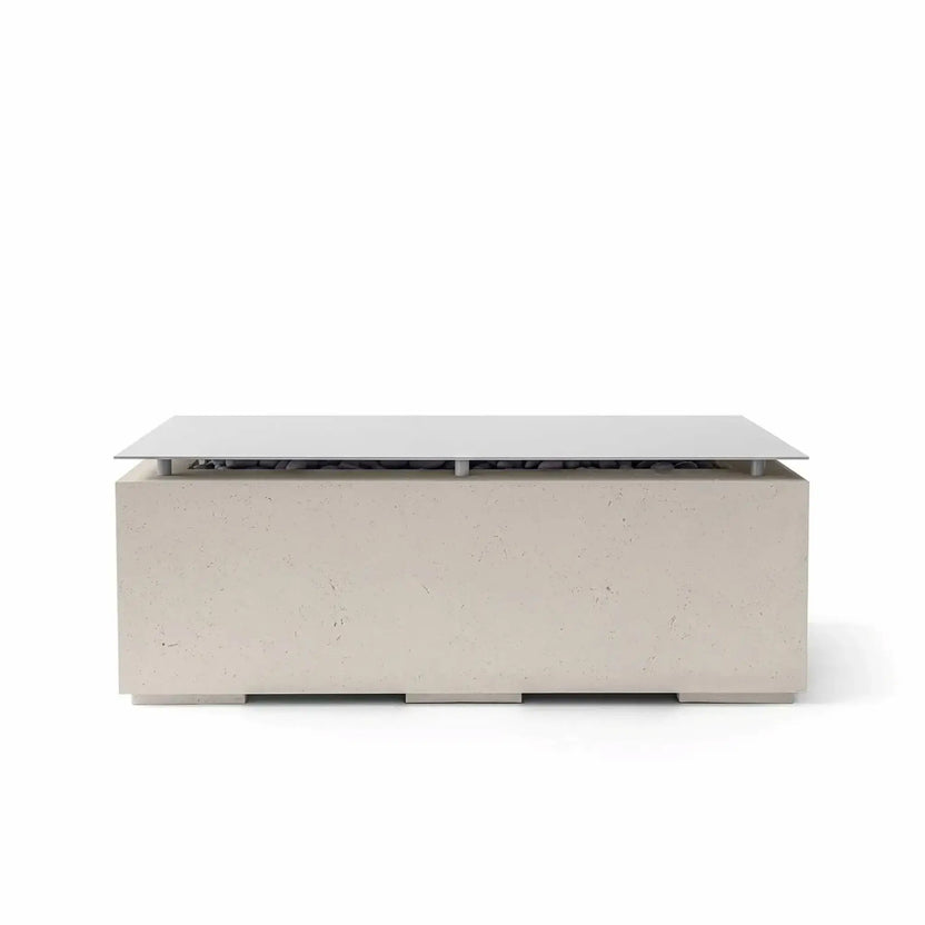 HPC Fire & Hearth Products Dekko GFRC Concrete Avera 48 x 26 Fire Pit Clay Table Top Lid displayed with a warm clay-colored GFRC concrete finish and flat metal burner cover. The rectangular outdoor fire pit table combines contemporary styling with durable construction, featuring a protective tabletop lid that transforms the fire feature into a usable surface while safeguarding the burner and decorative media.
