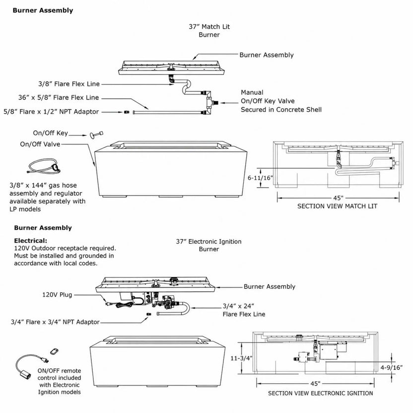 HPC Fire & Hearth Products Controls Dekko GFRC Concrete Avera 48 x 26 Fire Pit General Specification Sheet illustrating Match Lit and Electronic Ignition burner assemblies. The technical drawing details burner components, gas flex lines, on/off key valve locations, electronic ignition systems, section views, dimensions, installation requirements, regulator connections, and internal fire pit layouts. This engineering reference provides essential specifications for planning, installation, and operation.