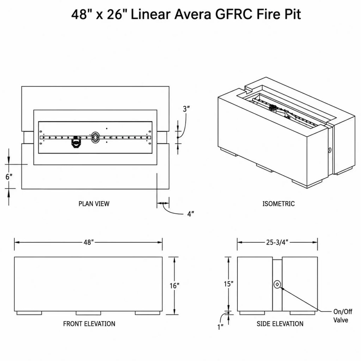 HPC Fire & Hearth Products Controls Dekko GFRC Concrete Avera 48 x 26 Fire Pit General Specification Sheet showing technical drawings, dimensions, and construction details for the Avera linear fire pit. The diagram includes plan view, front elevation, side elevation, and isometric views, highlighting the 48-inch by 26-inch footprint, 16-inch height, burner placement, on/off valve location, and key measurements used for installation, planning, and product specification review.