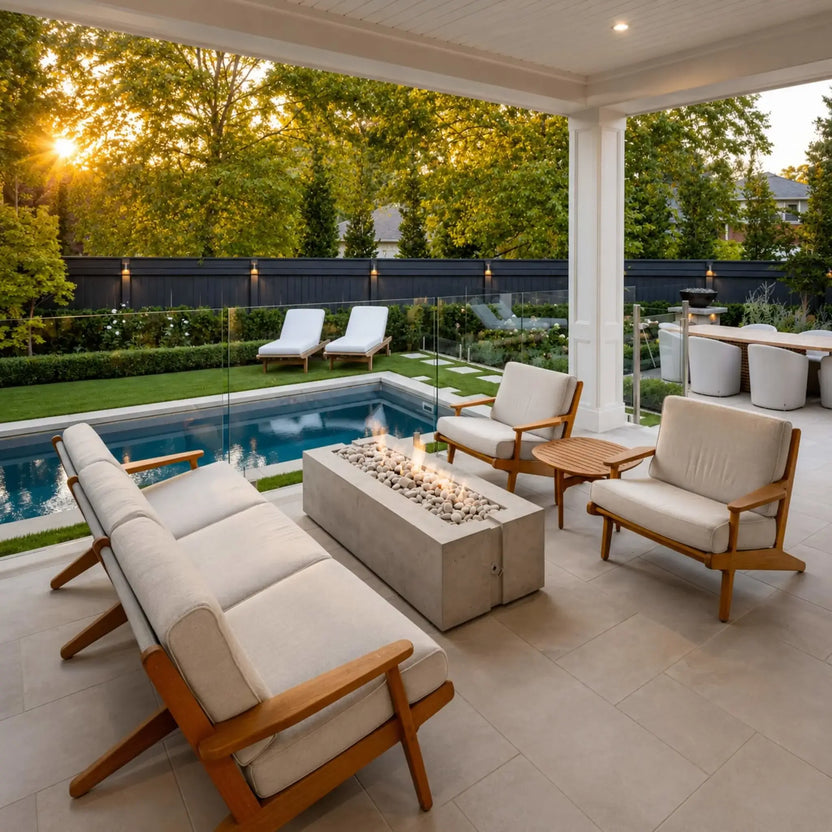 HPC Fire & Hearth Products Controls Dekko GFRC Concrete Avera 48 x 26 Fire Pit positioned beneath a covered patio overlooking a landscaped backyard pool. The rectangular concrete fire pit glows with a linear flame display over smooth decorative stones, surrounded by cushioned lounge seating and modern outdoor furnishings. This image demonstrates how the Avera fire pit enhances luxury outdoor entertaining and residential backyard living spaces.