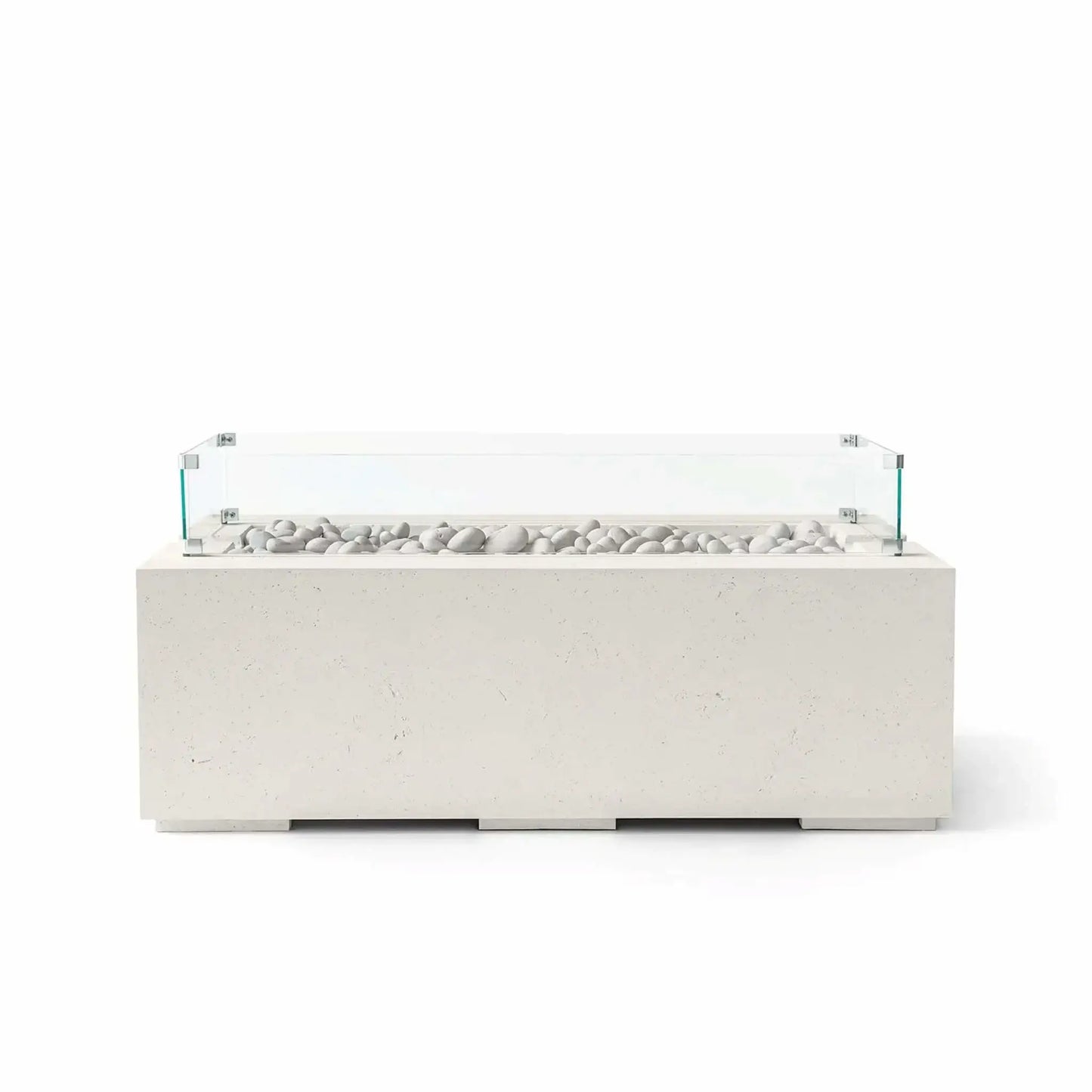 HPC Fire & Hearth Products Dekko GFRC Concrete Avera 48 x 26 Fire Pit Limestone Ivory Stone Tempered Glass Wind Guard displayed with a soft limestone finish, ivory stone fire media, and a clear tempered glass wind guard. This contemporary rectangular fire pit table combines textured GFRC concrete construction with elegant neutral tones, creating a refined outdoor fire feature that complements luxury patios, poolside seating areas, and modern landscapes.