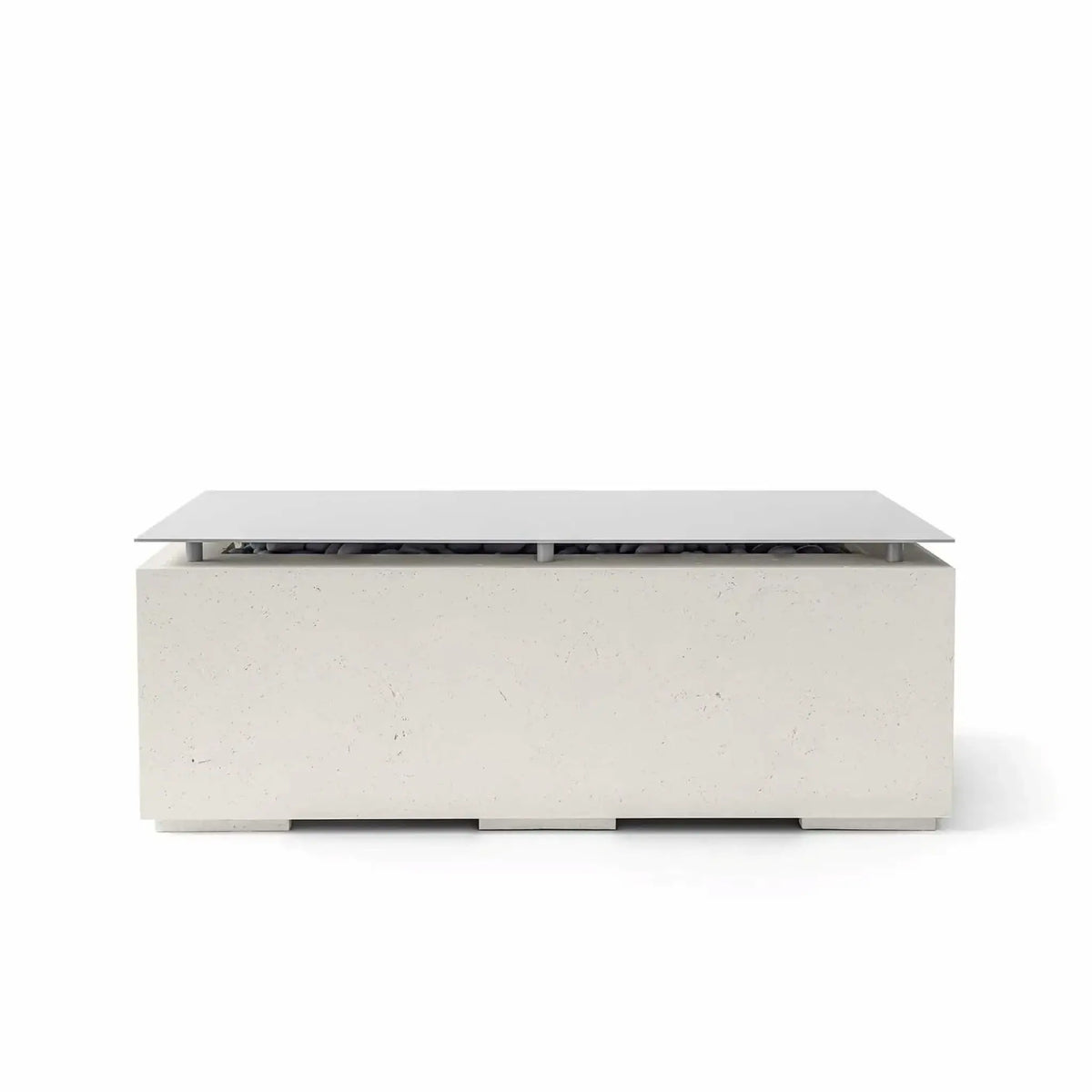 HPC Fire & Hearth Products Dekko GFRC Concrete Avera 48 x 26 Fire Pit Limestone Table Top Lid shown in a soft limestone finish. The rectangular fire pit table features a textured GFRC concrete body, elevated metal lid, and minimalist outdoor design. The tabletop cover conceals the fire pit opening and media beneath, allowing the Avera fire feature to double as a stylish outdoor coffee table for patios and entertaining spaces.