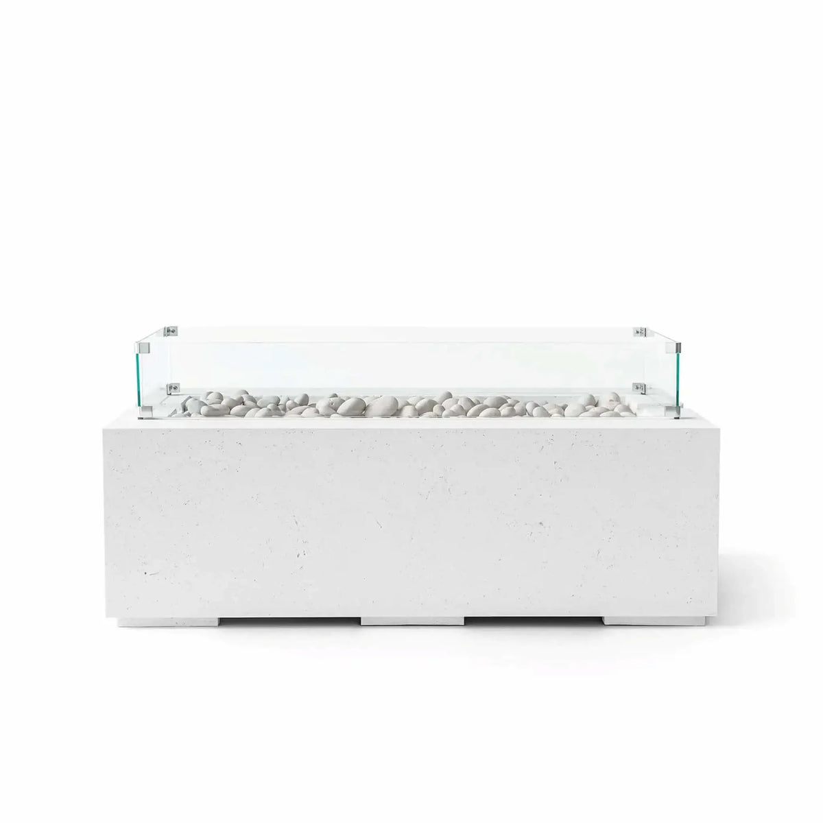 HPC Fire & Hearth Products Dekko GFRC Concrete Avera 48 x 26 Fire Pit Natural Ivory Stone Tempered Glass Wind Guard featuring a natural concrete finish paired with decorative ivory stone fire media. The sleek rectangular fire pit table includes a transparent tempered glass wind guard surrounding the burner area, creating a refined architectural centerpiece suitable for contemporary outdoor living and entertaining spaces.
