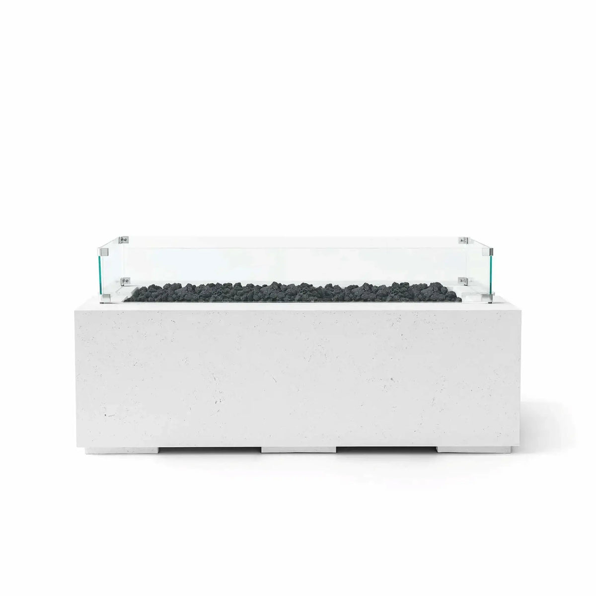 HPC Fire & Hearth Products Dekko GFRC Concrete Avera 48 x 26 Fire Pit Natural Lava Rock Tempered Glass Wind Guard shown with black lava rock media and a clear glass wind guard enclosure. The natural-finish GFRC concrete construction, elongated burner opening, and minimalist rectangular profile deliver a modern outdoor fire feature designed for patios, decks, rooftop lounges, and luxury backyard gathering areas.