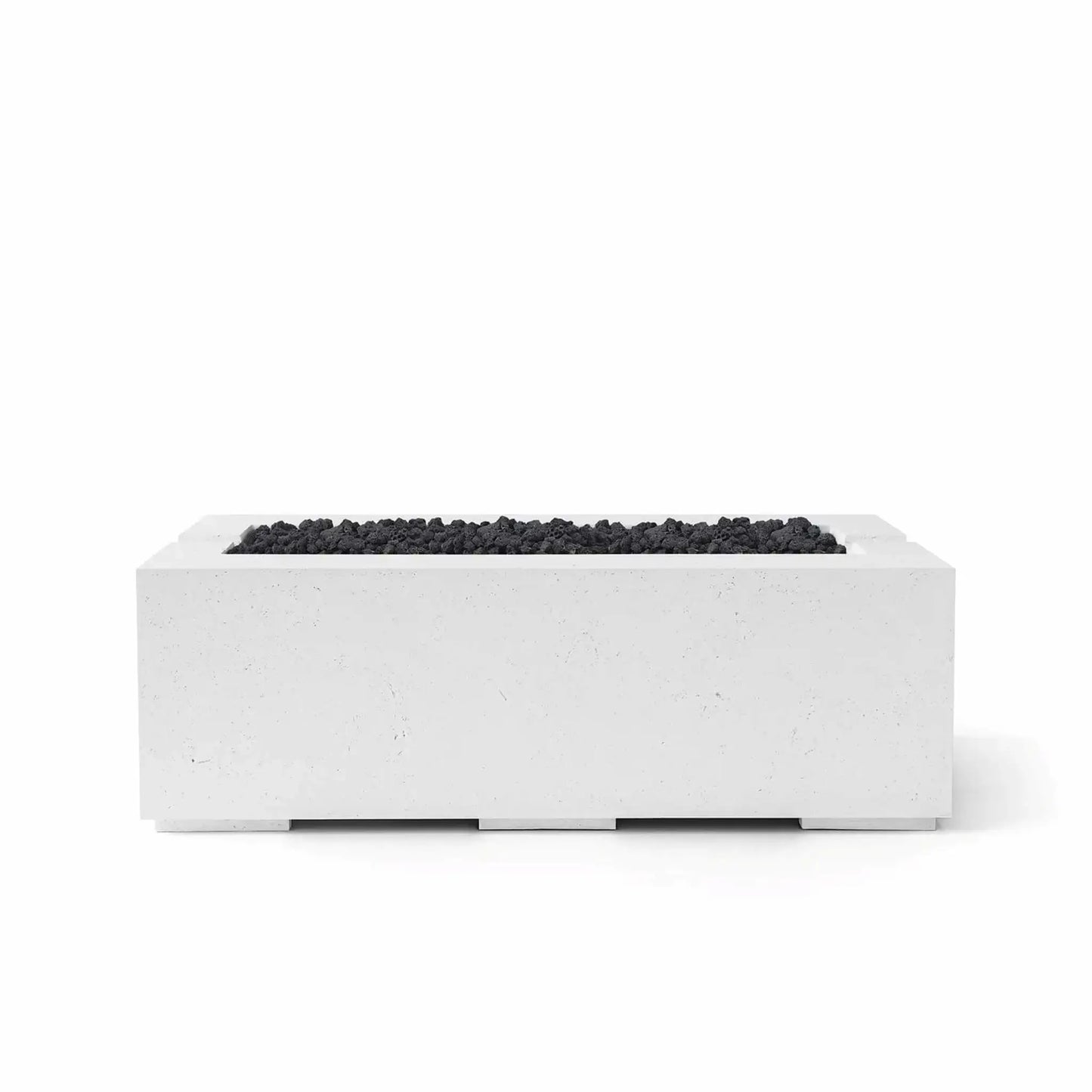 HPC Fire & Hearth Products Controls Dekko GFRC Concrete Avera 48 x 26 Fire Pit in Natural finish featuring black Lava Rock media. The modern rectangular GFRC concrete fire pit displays a textured light gray concrete body contrasted by rugged black volcanic rock filling the elongated burner area. Presented on a white background, this Avera fire pit showcases contemporary outdoor fire feature design suitable for patios, rooftop lounges, hospitality settings, and backyard gathering spaces.