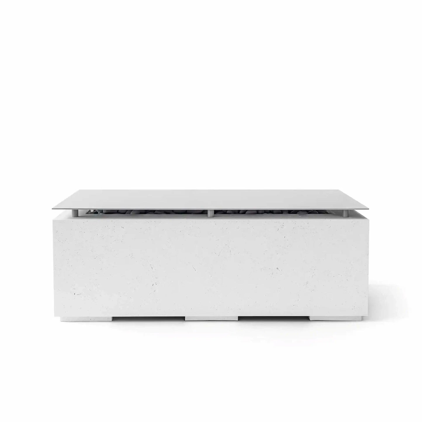 HPC Fire & Hearth Products Dekko GFRC Concrete Avera 48 x 26 Fire Pit Natural Table Top Lid featuring a natural concrete finish with subtle texture and a sleek rectangular metal cover. This modern outdoor fire pit table is designed to protect the burner area while creating a clean tabletop surface, blending contemporary aesthetics with durable GFRC concrete construction for upscale patio and backyard environments.