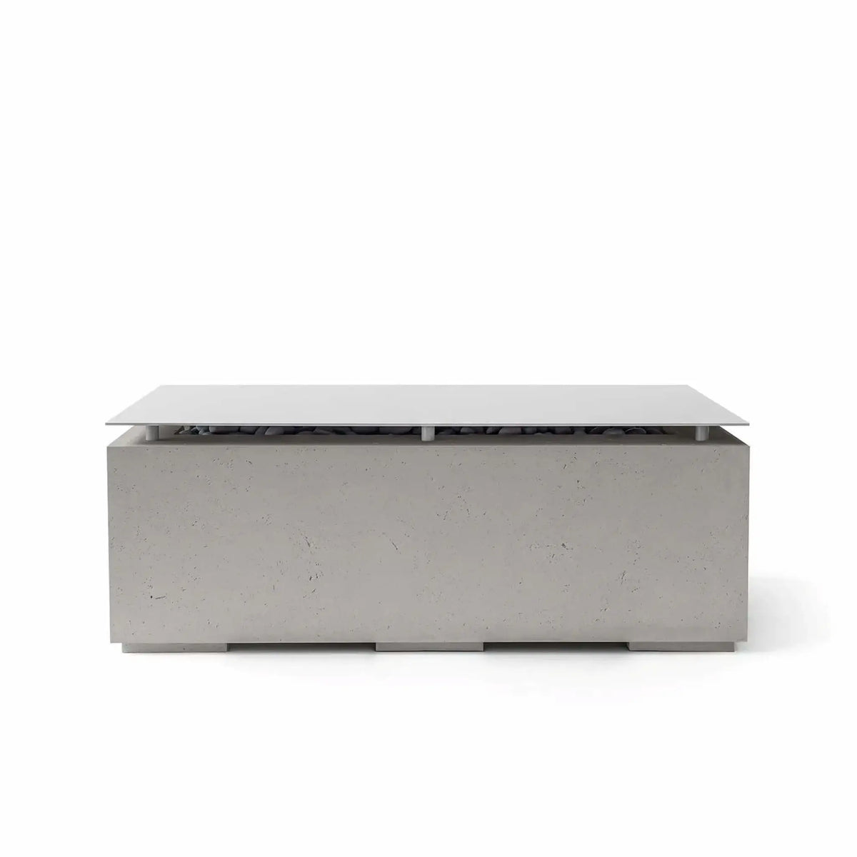 HPC Fire & Hearth Products Dekko GFRC Concrete Avera 48 x 26 Fire Pit Sandstone Table Top Lid shown in a light sandstone finish. The rectangular fire pit table includes a smooth metal tabletop cover elevated above the burner compartment, creating a sophisticated outdoor furniture piece. The textured GFRC concrete body and neutral sandstone color complement contemporary patios, pool decks, and outdoor seating areas.