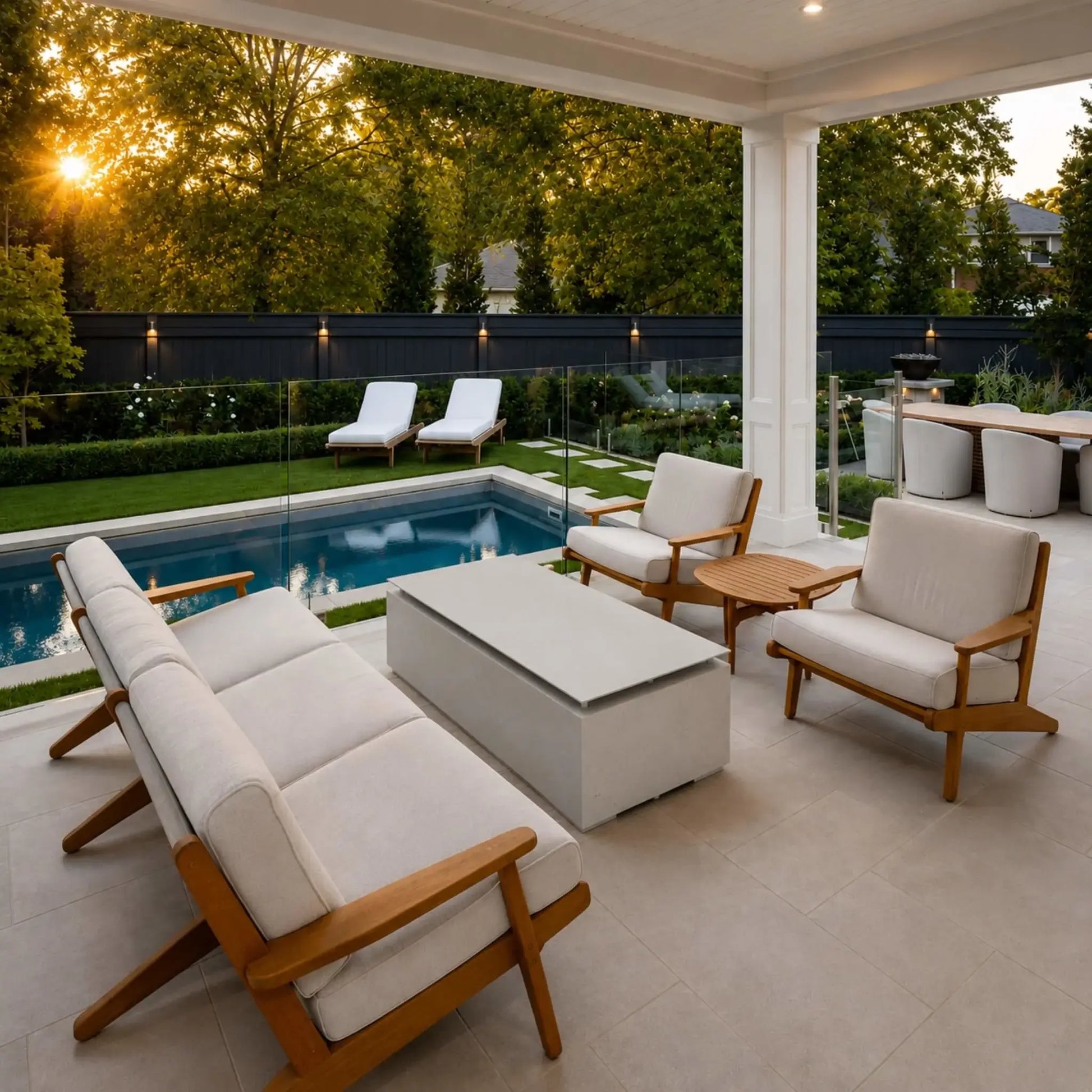 HPC Fire & Hearth Products Dekko GFRC Concrete Avera 48 x 26 Fire Pit Table Top Lid Lifestyle image featuring the covered concrete fire pit table as the centerpiece of a luxury covered patio overlooking a swimming pool. Surrounded by modern outdoor seating, the rectangular Avera fire pit showcases its protective tabletop lid, creating a clean coffee-table appearance while complementing upscale outdoor living and entertaining spaces.