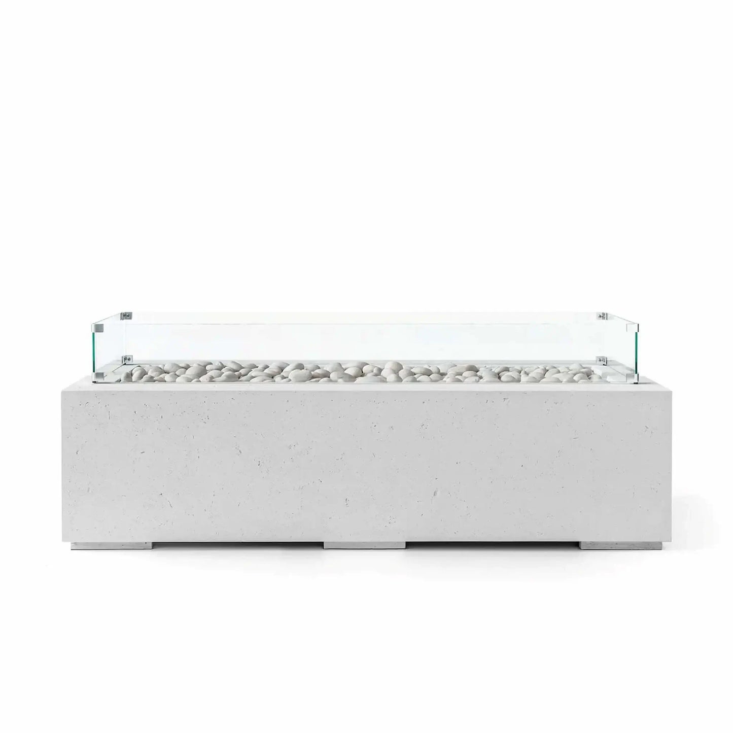 HPC Fire Hearth Products Controls Dekko GFRC Concrete Avera 60 x 26 Fire Pit in Ash finish featuring smooth ivory fire stones, a rectangular linear burner area, and a clear tempered glass wind guard. This modern outdoor fire pit table showcases a sleek concrete-look GFRC construction with clean contemporary lines, elevated feet, and a minimalist design ideal for patios, decks, and luxury outdoor living spaces.