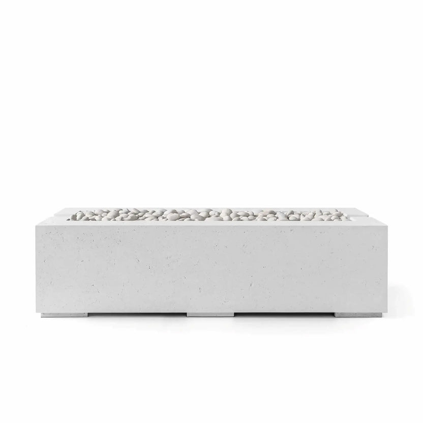 Front product view of the HPC Fire Hearth Products Controls Dekko GFRC Concrete Avera 60 x 26 Fire Pit in Ash finish, featuring a sleek rectangular glass fiber reinforced concrete fire pit body with a modern low-profile design. The burner pan is filled with smooth Ivory Stone media, creating a clean, contemporary outdoor fire feature ideal for patios, decks, and luxury backyard living spaces.
