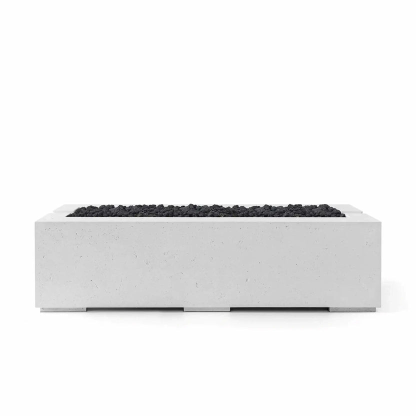 HPC Fire Hearth Products Controls Dekko GFRC Concrete Avera 60 x 26 Fire Pit shown in an Ash concrete finish with black Lava Rock burner media. This rectangular outdoor gas fire pit features durable GFRC construction, a linear burner opening, and a minimalist architectural style that complements modern outdoor entertainment areas and residential landscapes.
