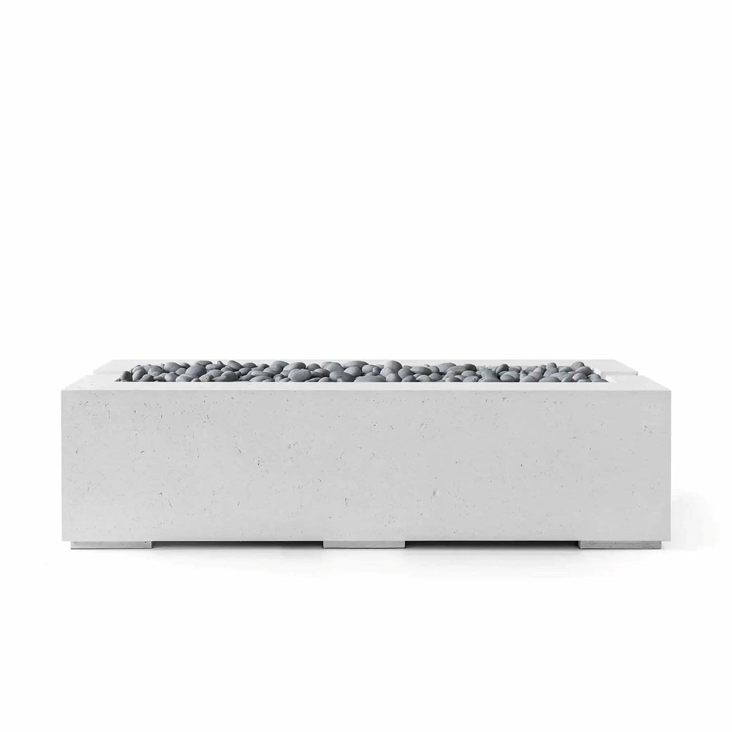 Studio image of the Dekko GFRC Concrete Avera 60 x 26 Fire Pit by HPC Fire Hearth Products Controls in Ash finish with decorative Slate Stone fire media. The elongated rectangular fire pit showcases clean lines, a recessed burner tray, and premium GFRC concrete construction designed for contemporary outdoor living environments and commercial patio installations.