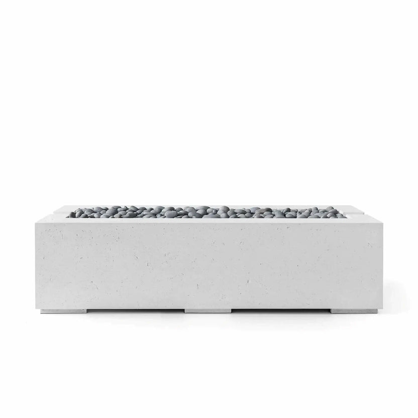 Studio image of the Dekko GFRC Concrete Avera 60 x 26 Fire Pit by HPC Fire Hearth Products Controls in Ash finish with decorative Slate Stone fire media. The elongated rectangular fire pit showcases clean lines, a recessed burner tray, and premium GFRC concrete construction designed for contemporary outdoor living environments and commercial patio installations.