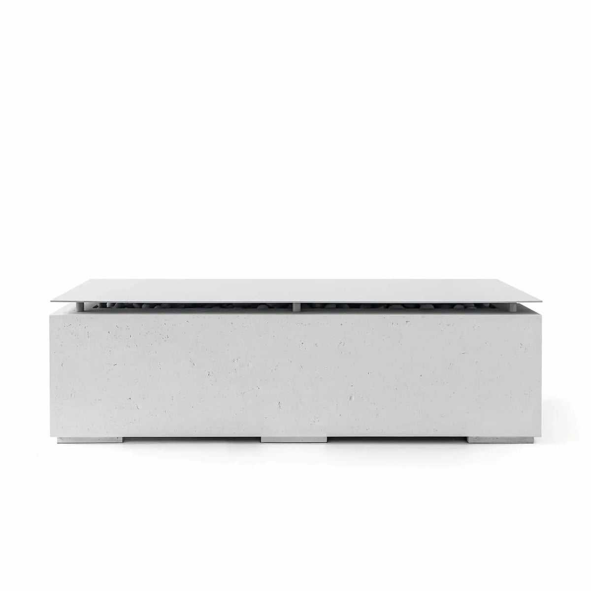 Front-facing product image of the HPC Fire Hearth Products Controls Dekko GFRC Concrete Avera 60 x 26 Fire Pit in the Ash finish, shown with the matching stainless steel table top lid installed. The rectangular fire pit features a smooth light gray GFRC concrete base, low-profile modern design, hidden fire media beneath the lid, and clean architectural styling on a white background.