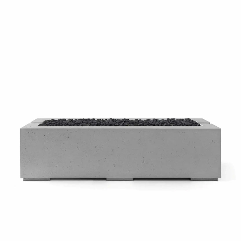 Front-facing product image of the Dekko GFRC Concrete Avera 60 x 26 Fire Pit from HPC Fire Hearth Products Controls. The Charcoal concrete finish is paired with black Lava Rock media, highlighting the fire pit’s contemporary rectangular profile, durable GFRC construction, and linear burner design for stylish outdoor heating and entertainment applications.