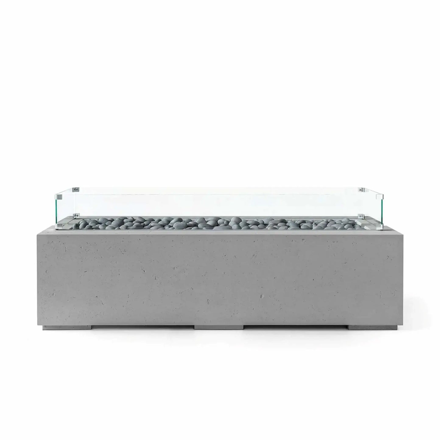 HPC Fire Hearth Products Controls Dekko GFRC Concrete Avera 60 x 26 Fire Pit in Charcoal finish with decorative slate stone media and a tempered glass wind guard. This contemporary rectangular outdoor fire pit features durable GFRC concrete construction, a long linear burner channel, and clean architectural styling designed for modern patios, outdoor seating areas, and upscale landscape projects.