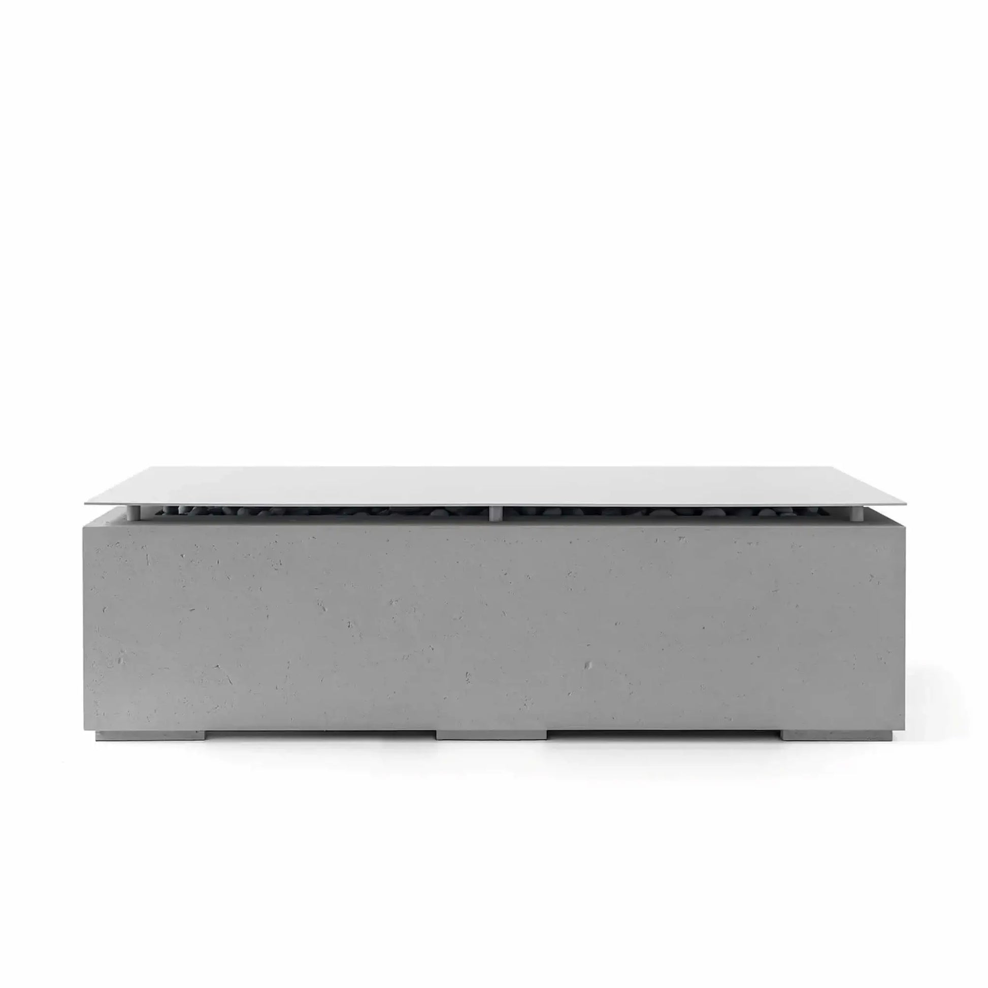 Front view of the HPC Fire Hearth Products Controls Dekko GFRC Concrete Avera 60 x 26 Fire Pit finished in Charcoal gray with a coordinating stainless steel table top lid. The contemporary rectangular fire pit showcases a dark concrete texture, sleek geometric lines, concealed burner area, and minimalist outdoor living design against a clean white background.